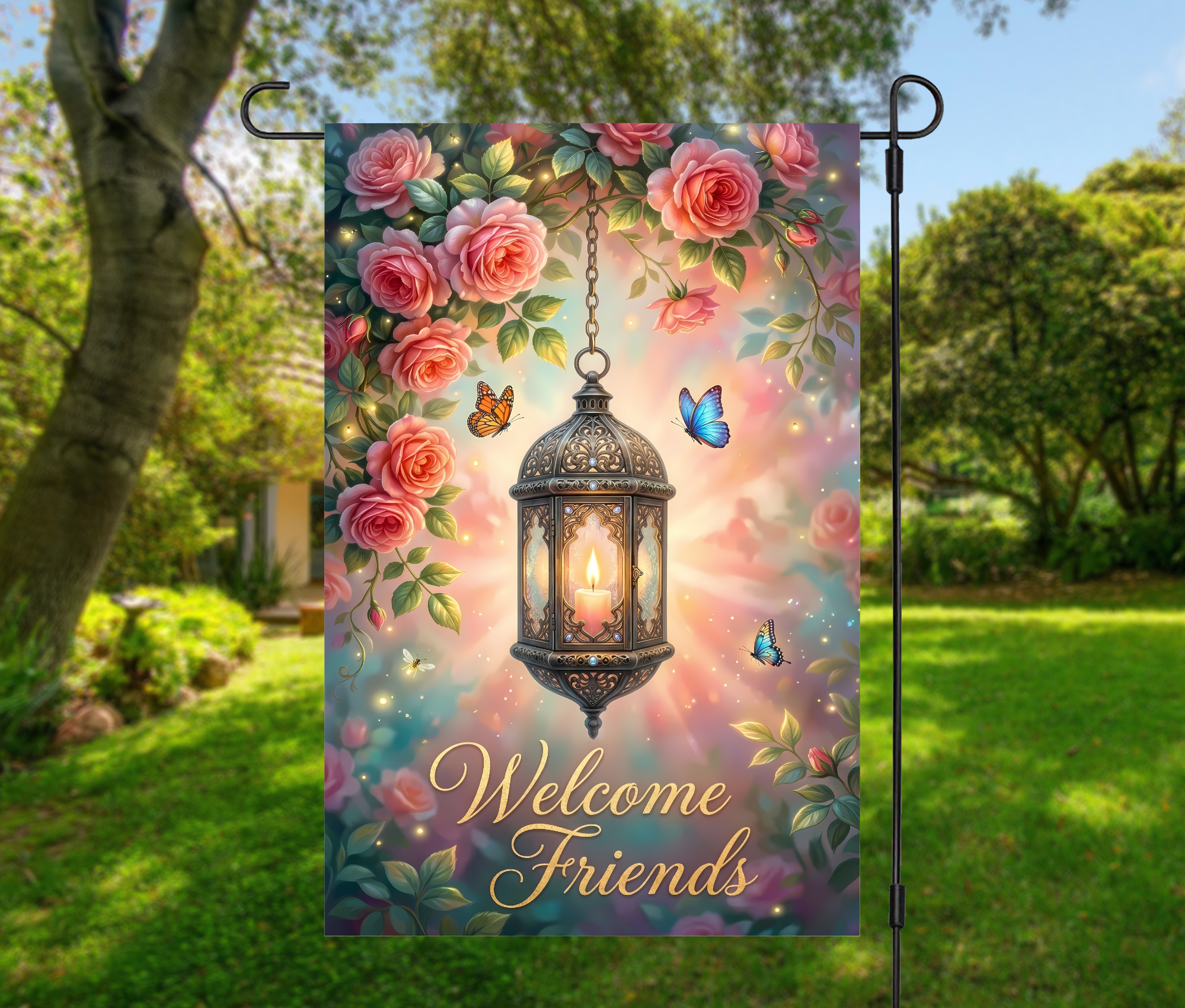 Lantern Garden Flag – Welcome Friends Rose Floral Garden Flag-12 × 18 Garden Flag (Single-Sided)