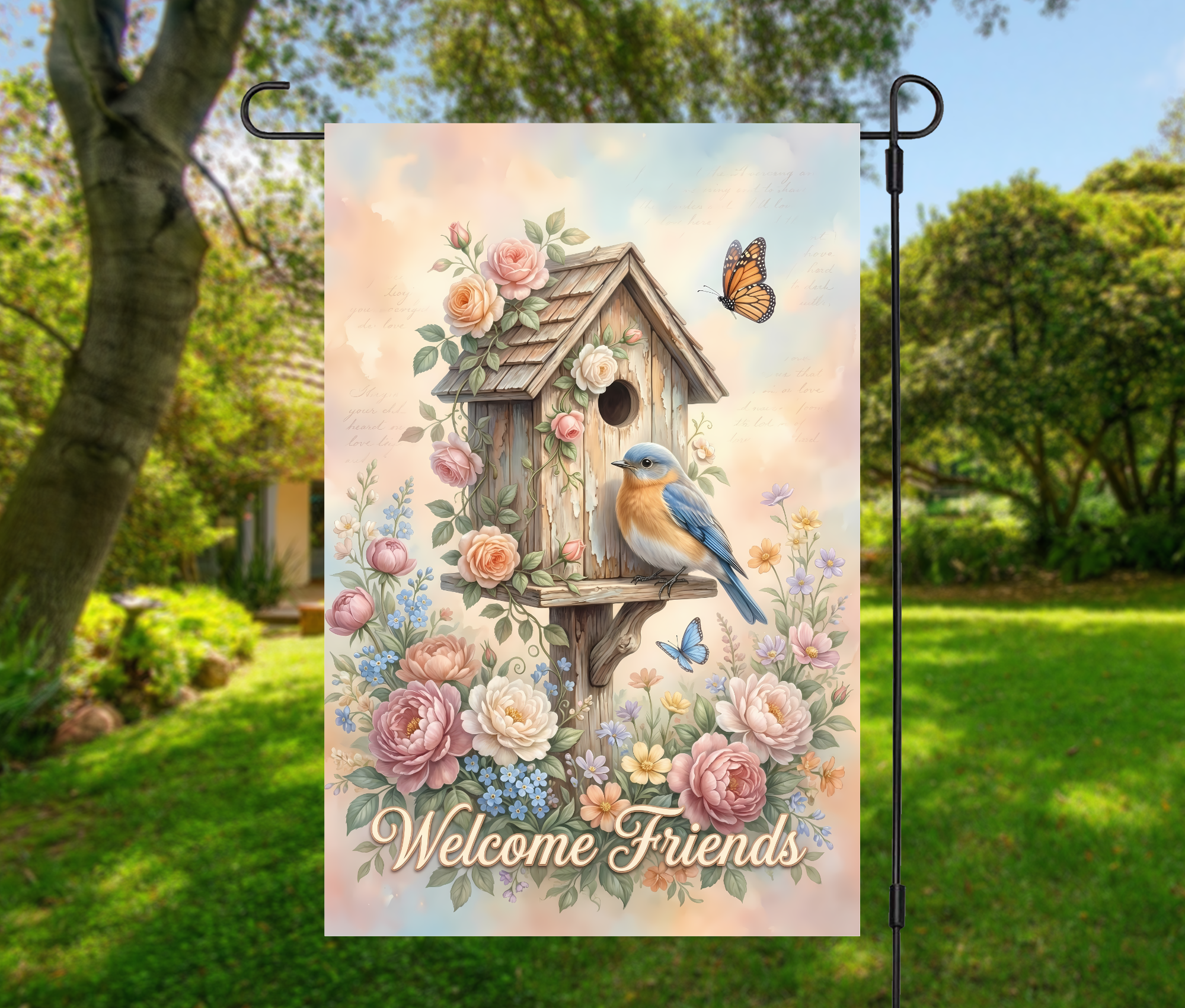 Bluebird Garden Flag – Welcome Friends Birdhouse Floral Flag-12 × 18 (Single-Sided)