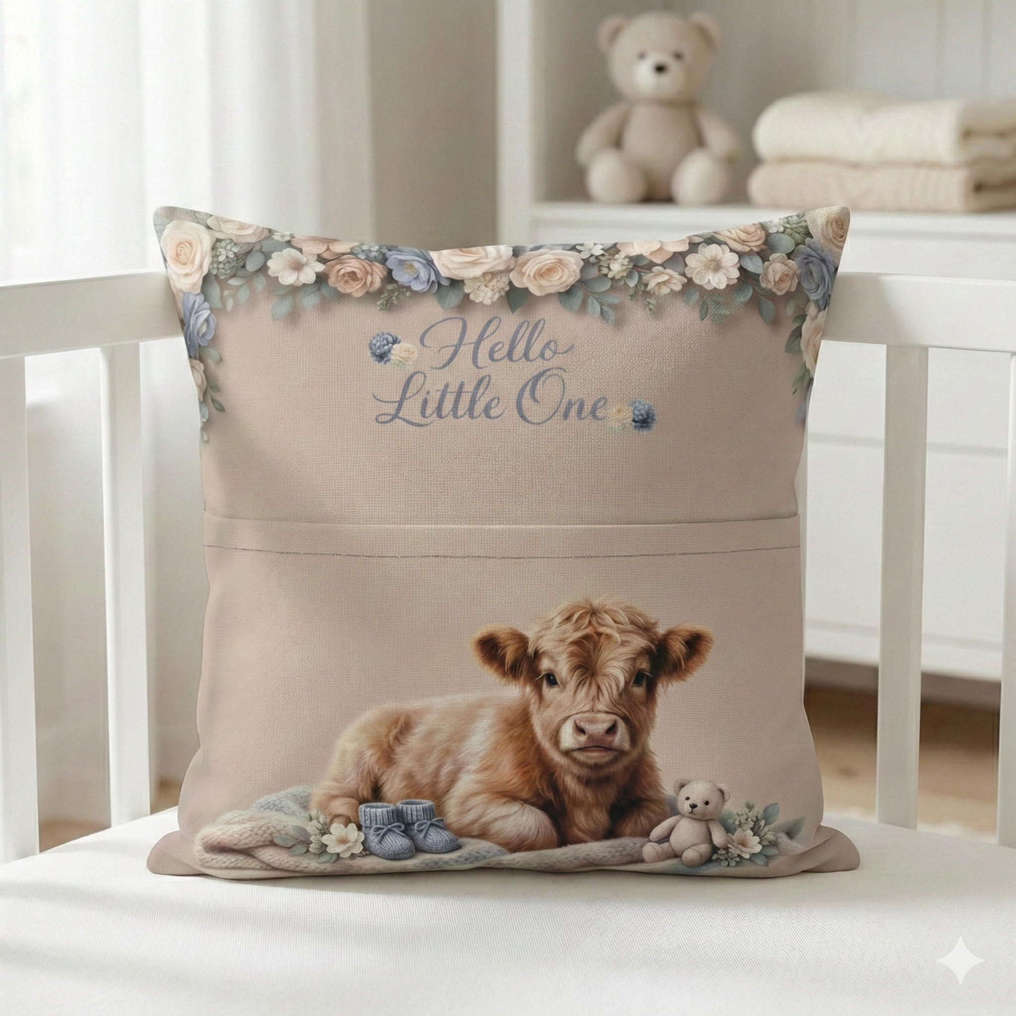 Hello Little One Baby Cow 16 x 16 Pocket Pillow Cover – Boy Nursery Decor