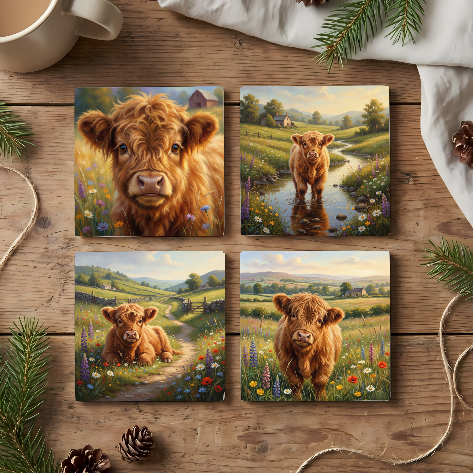 Highland Cow Meadow – Fine Art Ceramic Coasters (Set of 4)