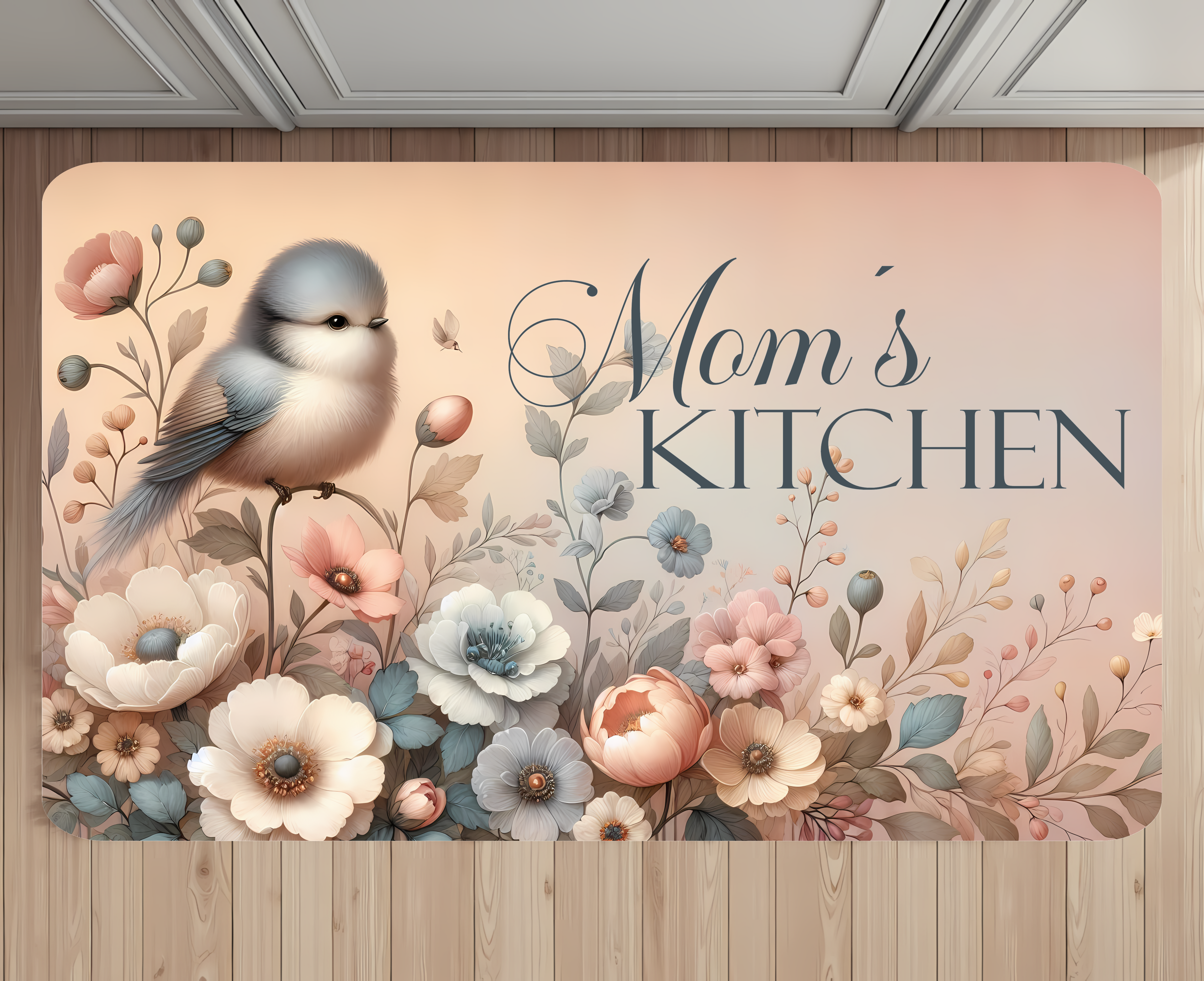 Personalized “Mom’s Kitchen” Floral Bird Rug