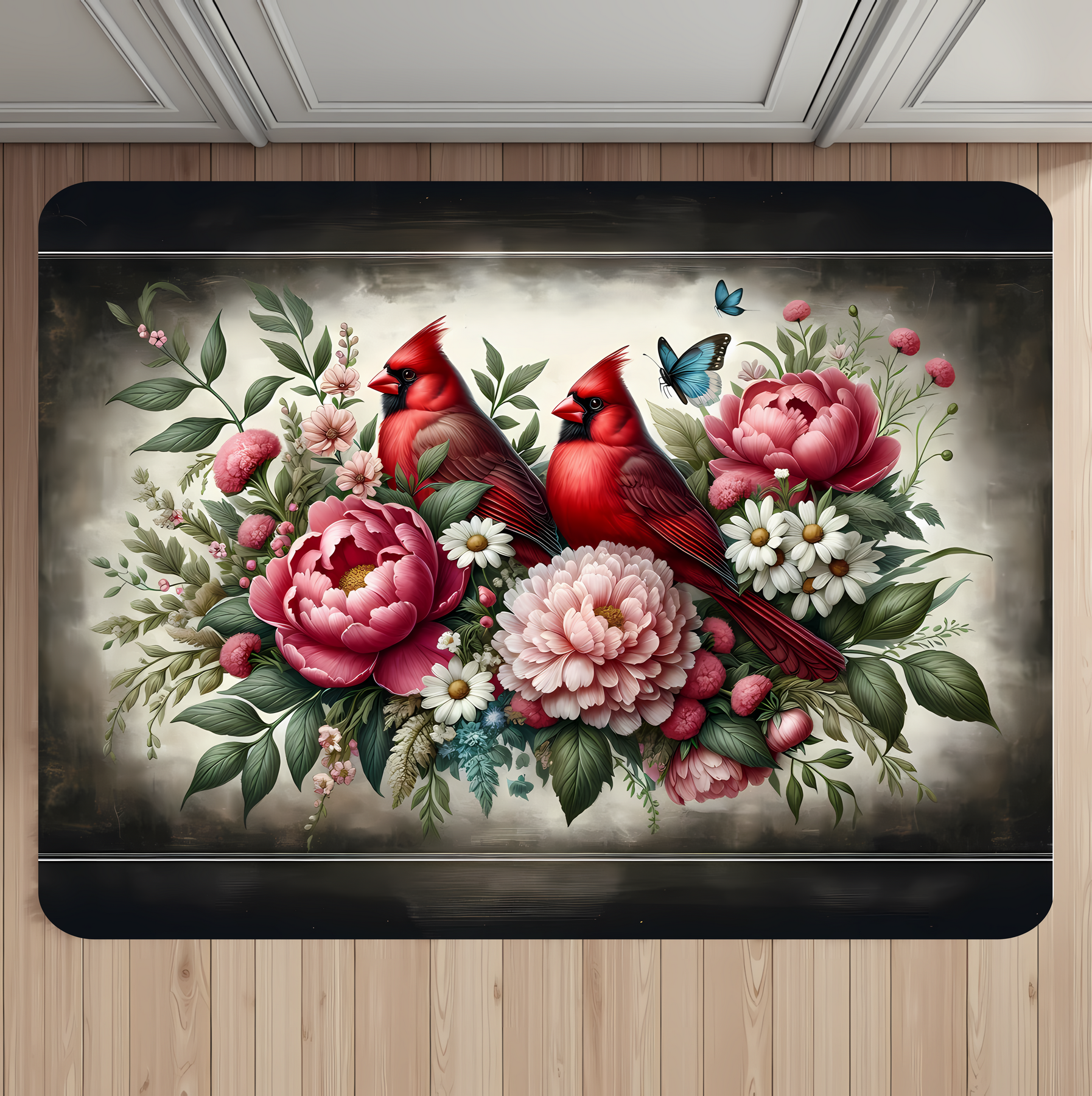 Cardinals & Peonies on Black – Elegant Floral Bathroom, Kitchen & Entryway Sizes
