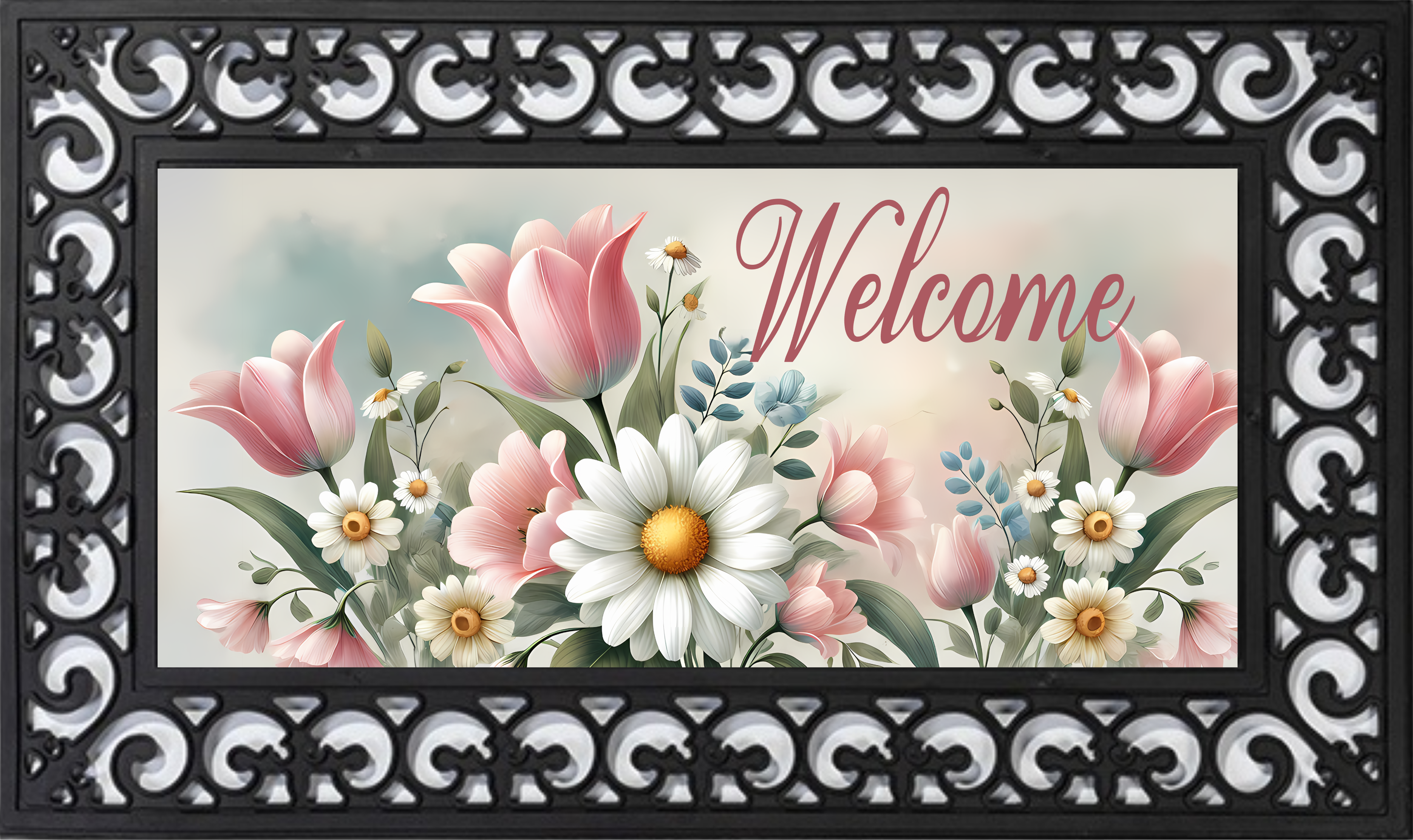 Floral Welcome Spring Mat Insert – Pastel Garden Porch Decor