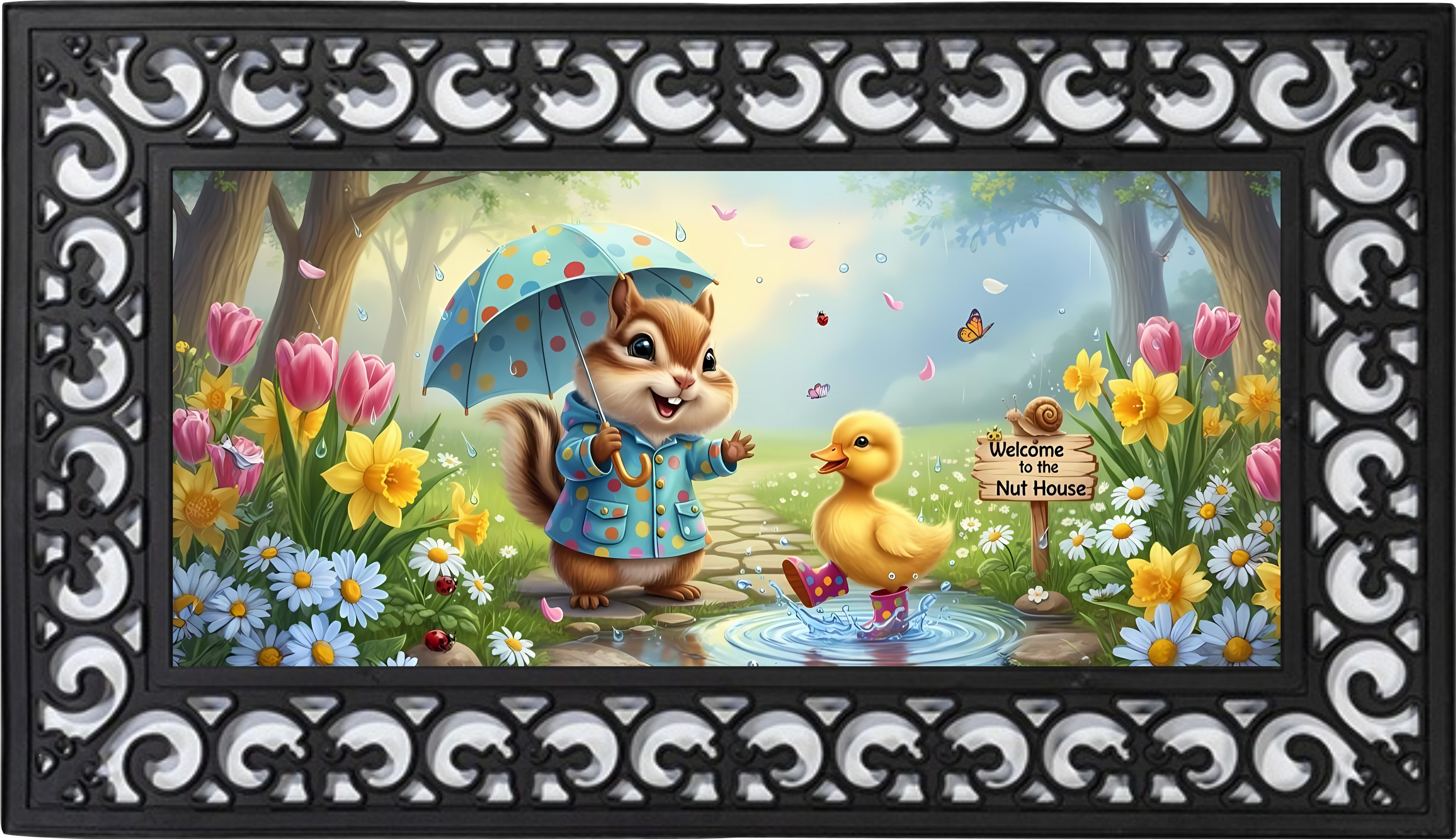 Welcome to the Nut House Spring Mat Insert – Whimsical Animal Porch Decor