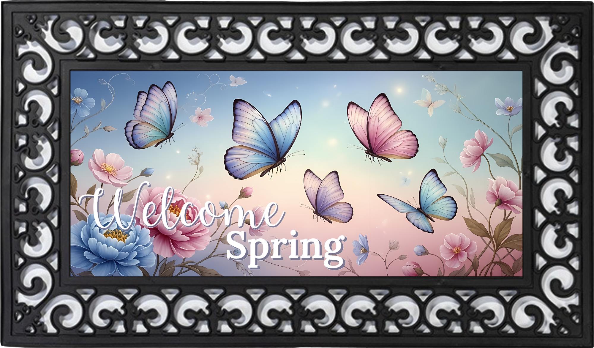 Welcome Spring Butterfly Outdoor Mat – Pastel Floral Entry Rug