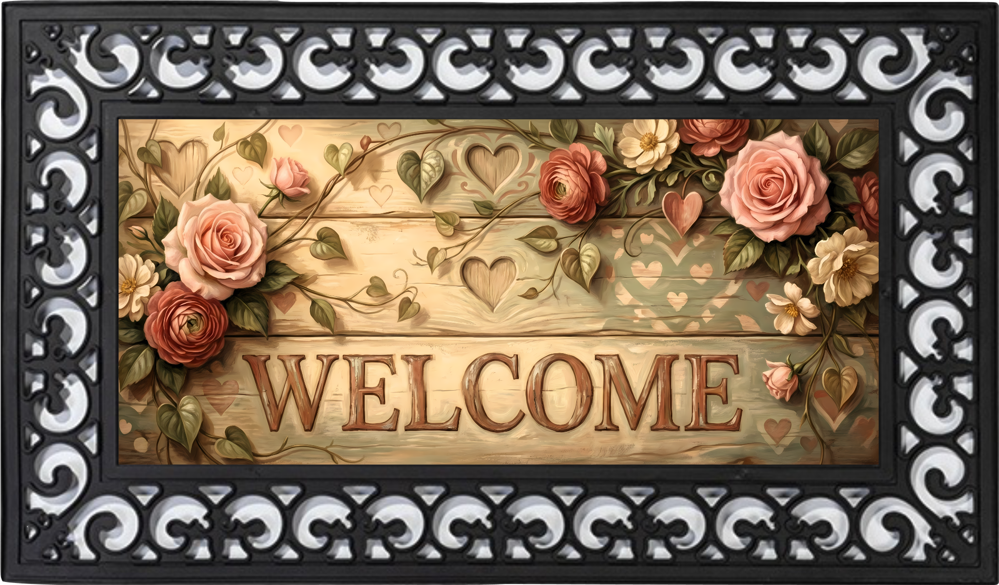 Vintage Floral Welcome Outdoor Mat – Rustic Wood Porch Decor