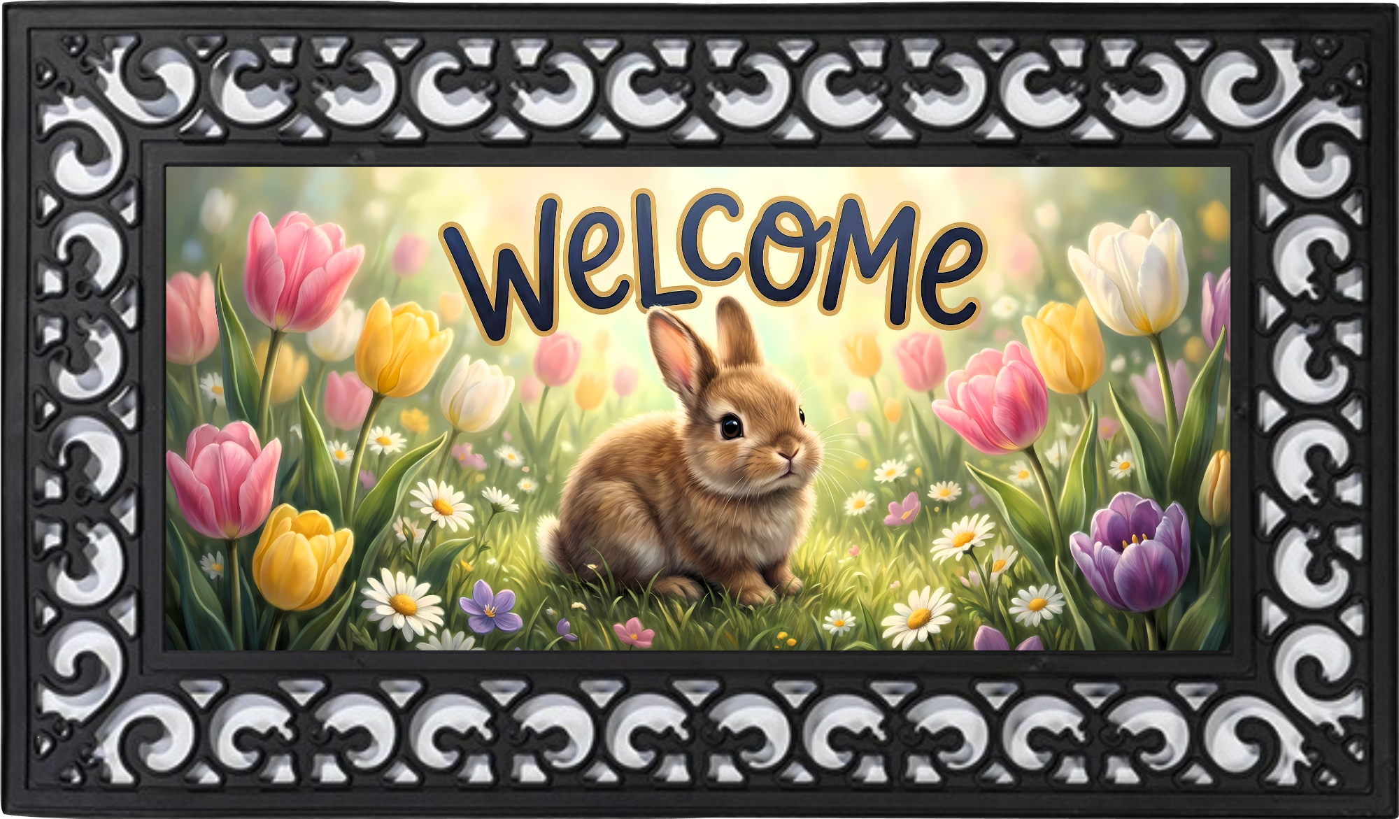 Spring Bunny Welcome Outdoor Mat – Tulip Garden Entry Rug
