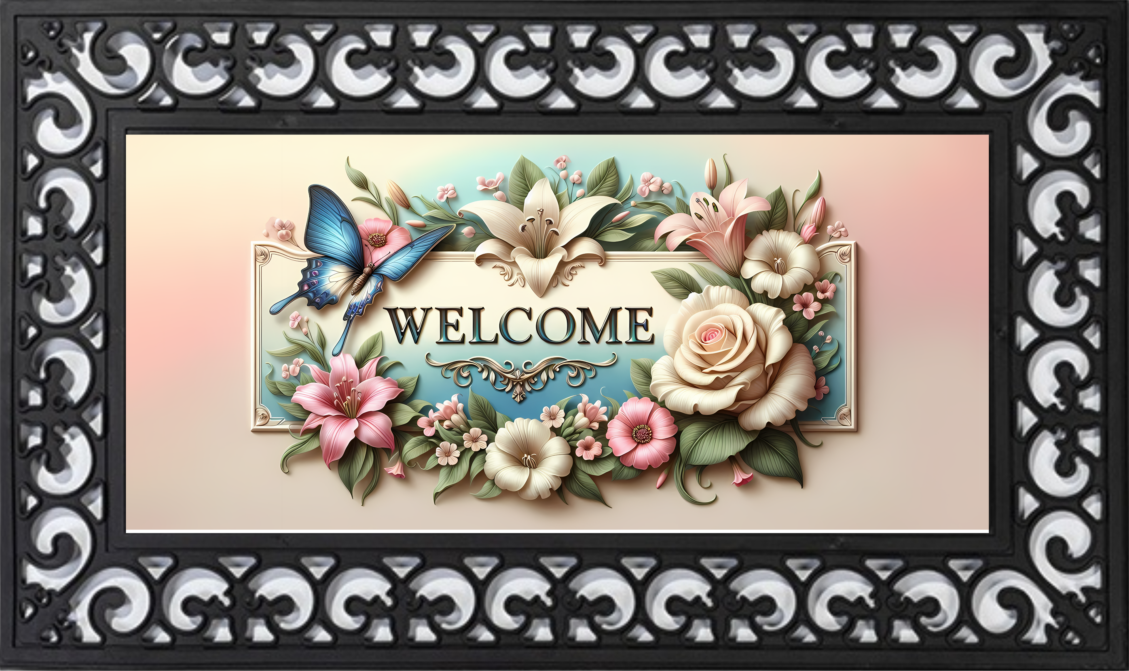 Elegant Floral Welcome Mat Insert – Butterfly Garden Porch Decor