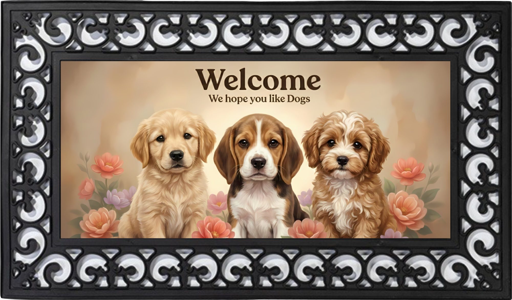 Welcome We Hope You Like Dogs Outdoor Mat – Floral Puppy Entryway Rug