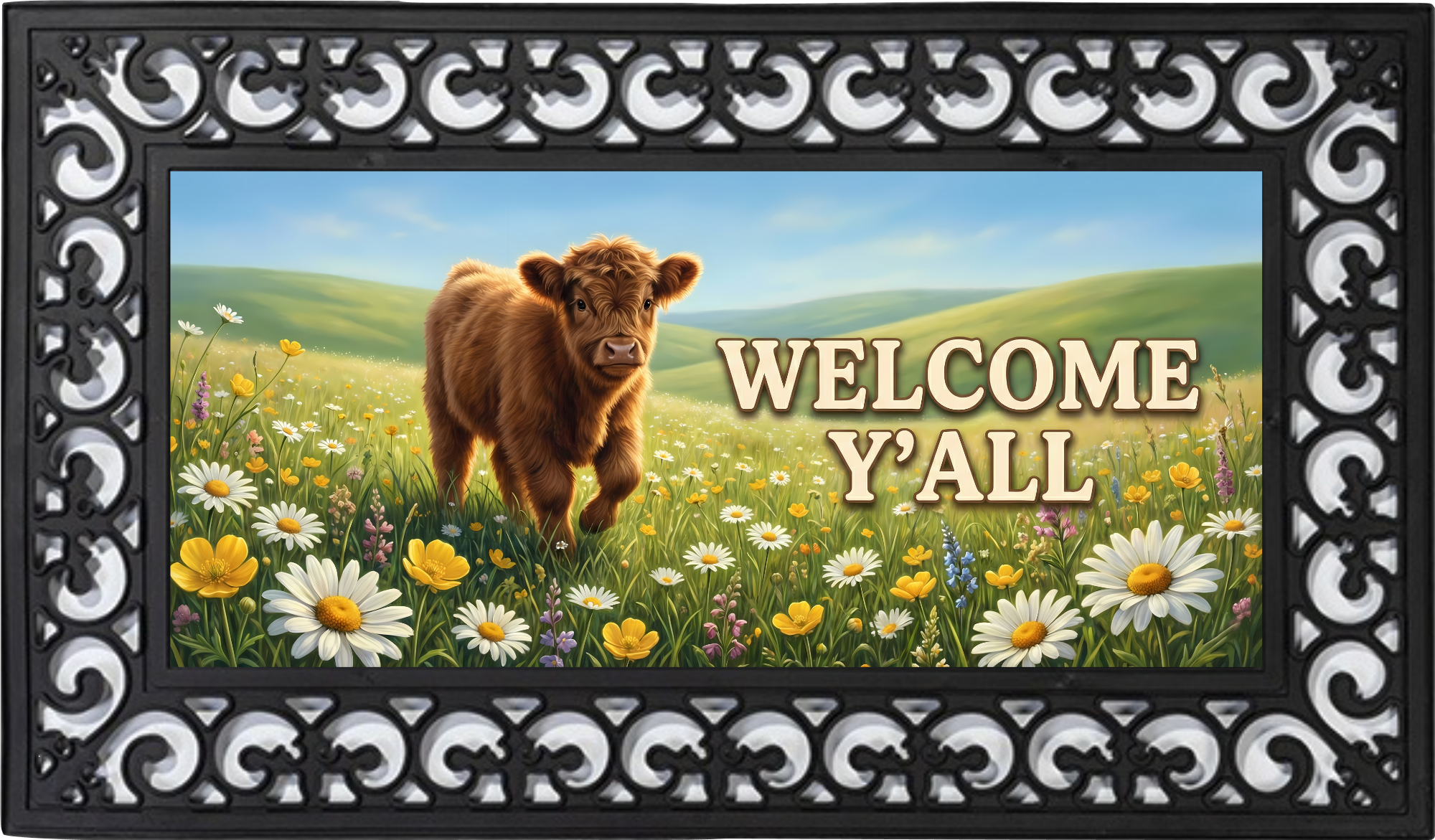 Welcome Y’all Highland Cow Spring Meadow Outdoor Doormat