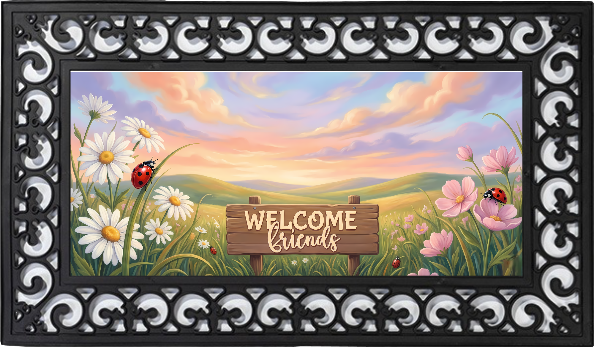 Welcome Friends Ladybug Spring Meadow Outdoor Doormat