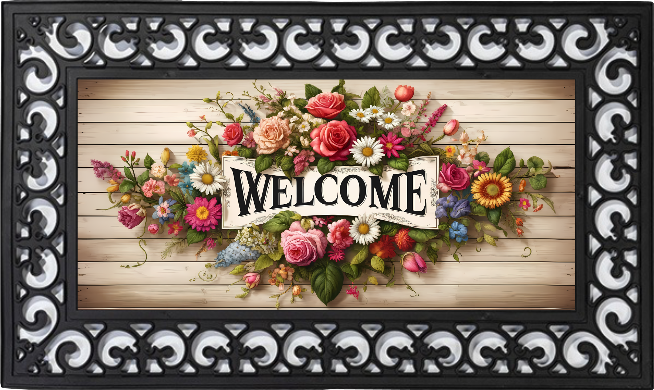 Floral Welcome Banner Mat Insert – Classic Garden Porch Decor