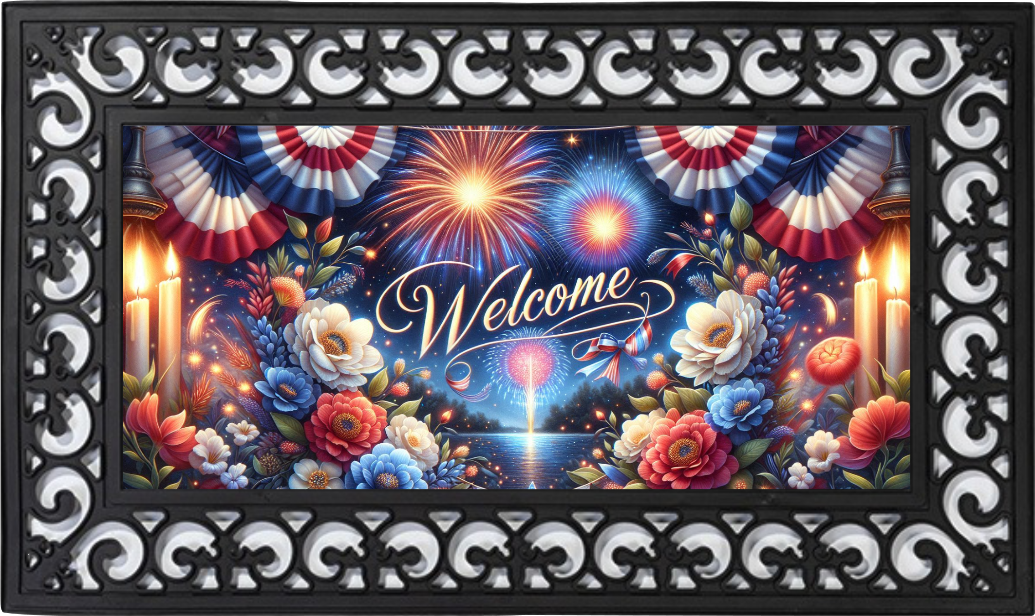 Patriotic Fireworks Welcome Mat Insert – Red White and Blue Porch Decor
