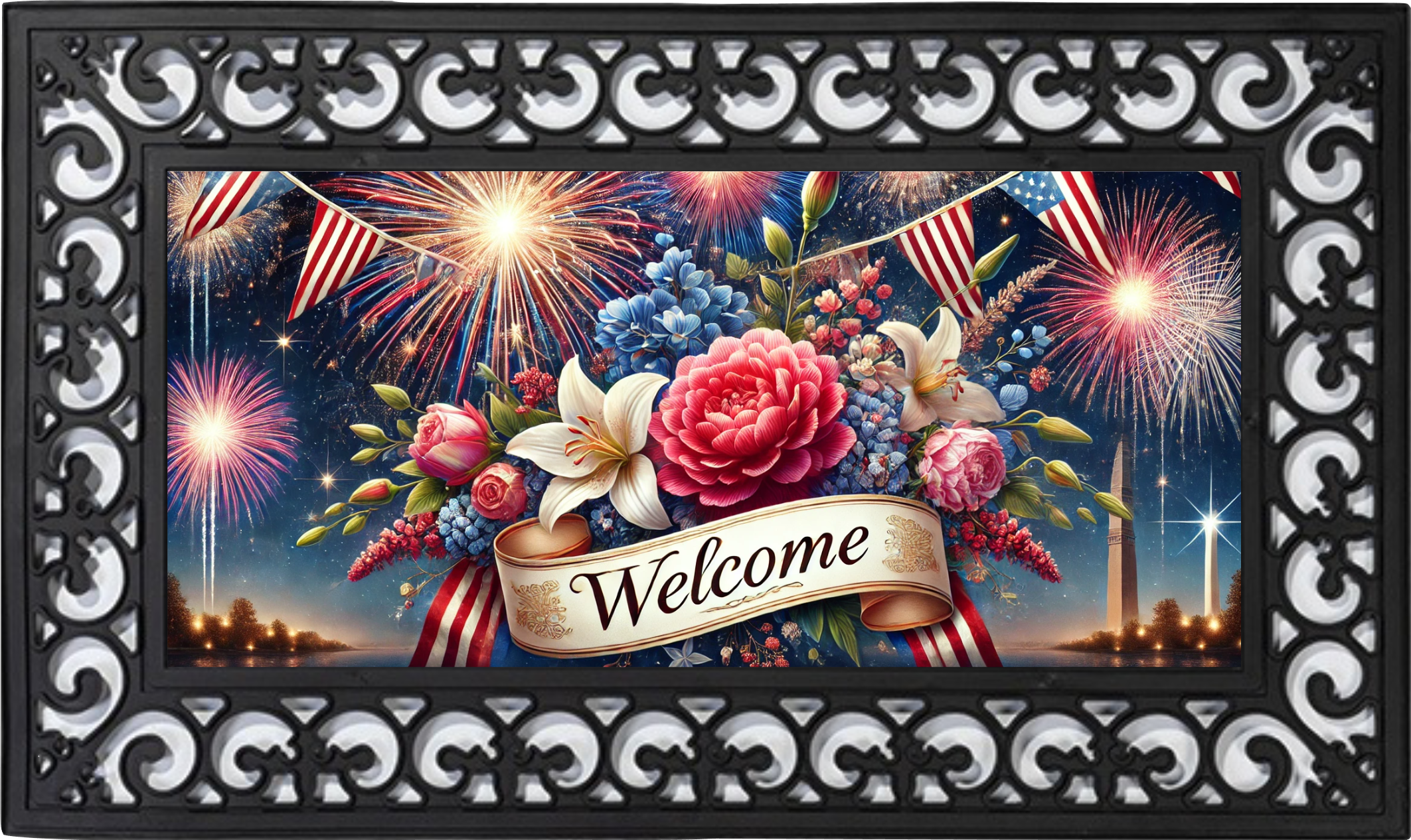 Patriotic Floral Welcome Mat Insert – Americana Summer Porch Decor