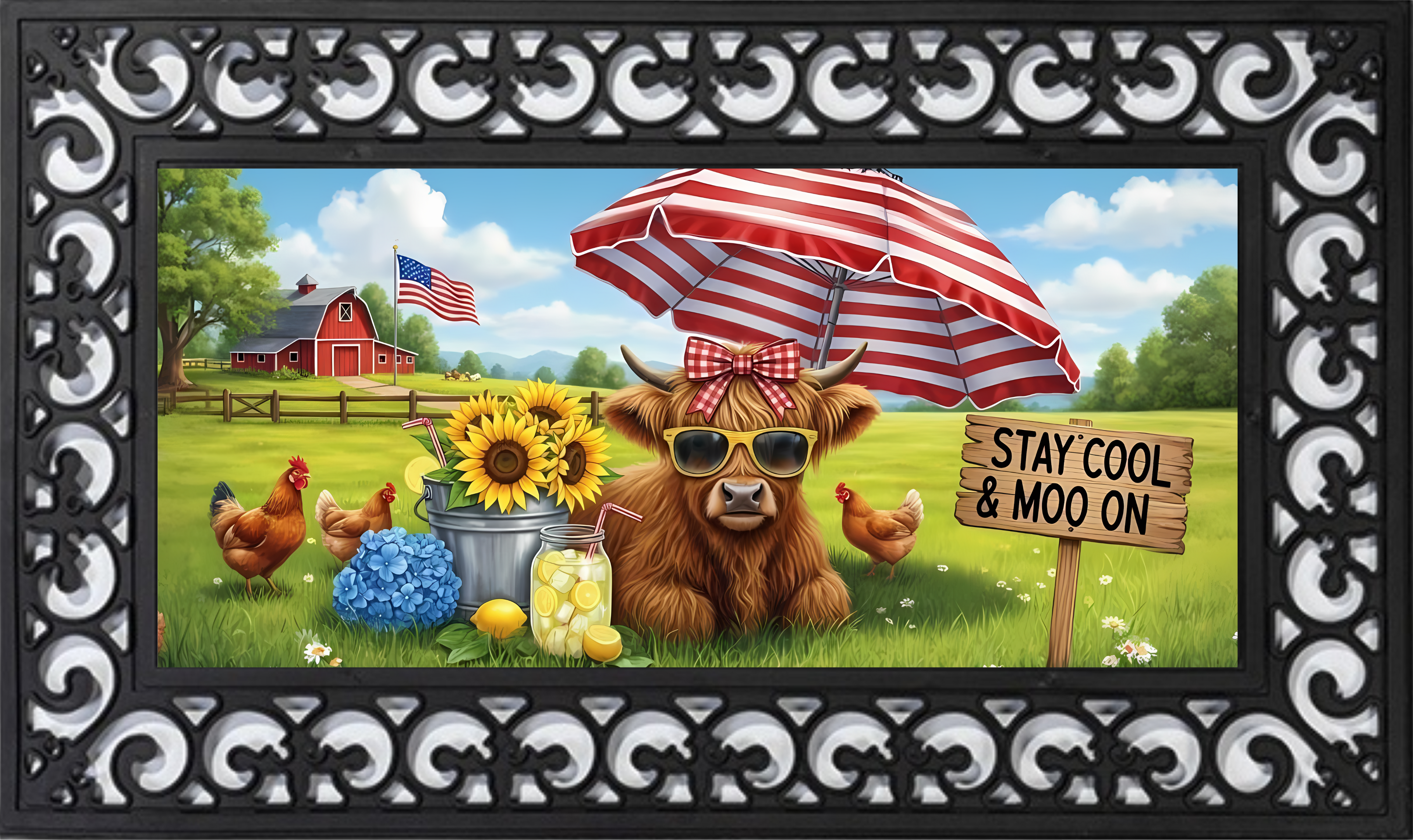 Patriotic Highland Cow Welcome Mat Insert – Farmhouse Summer Porch Decor