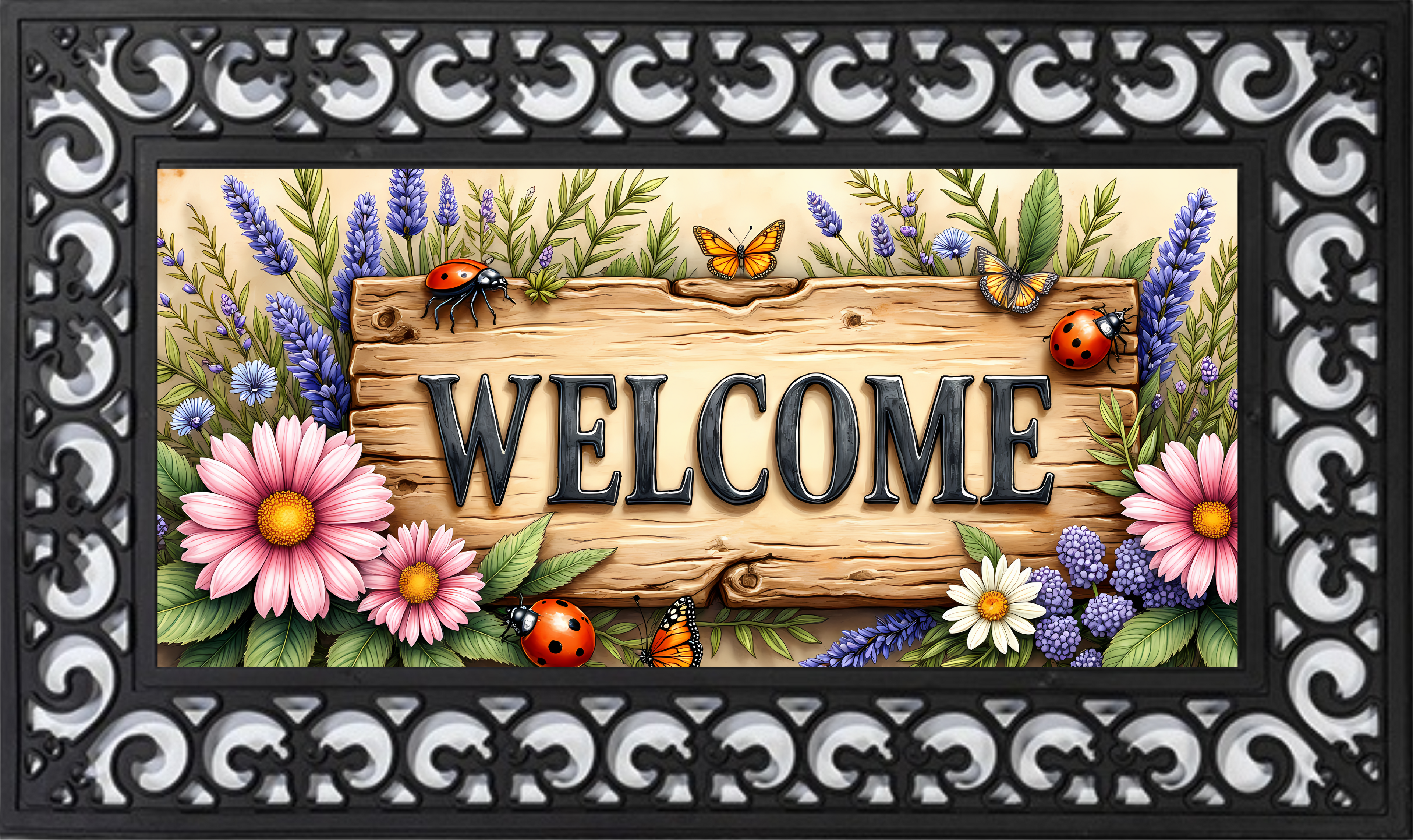 Floral Welcome Wood Sign Mat Insert – Garden Cottage Porch Decor