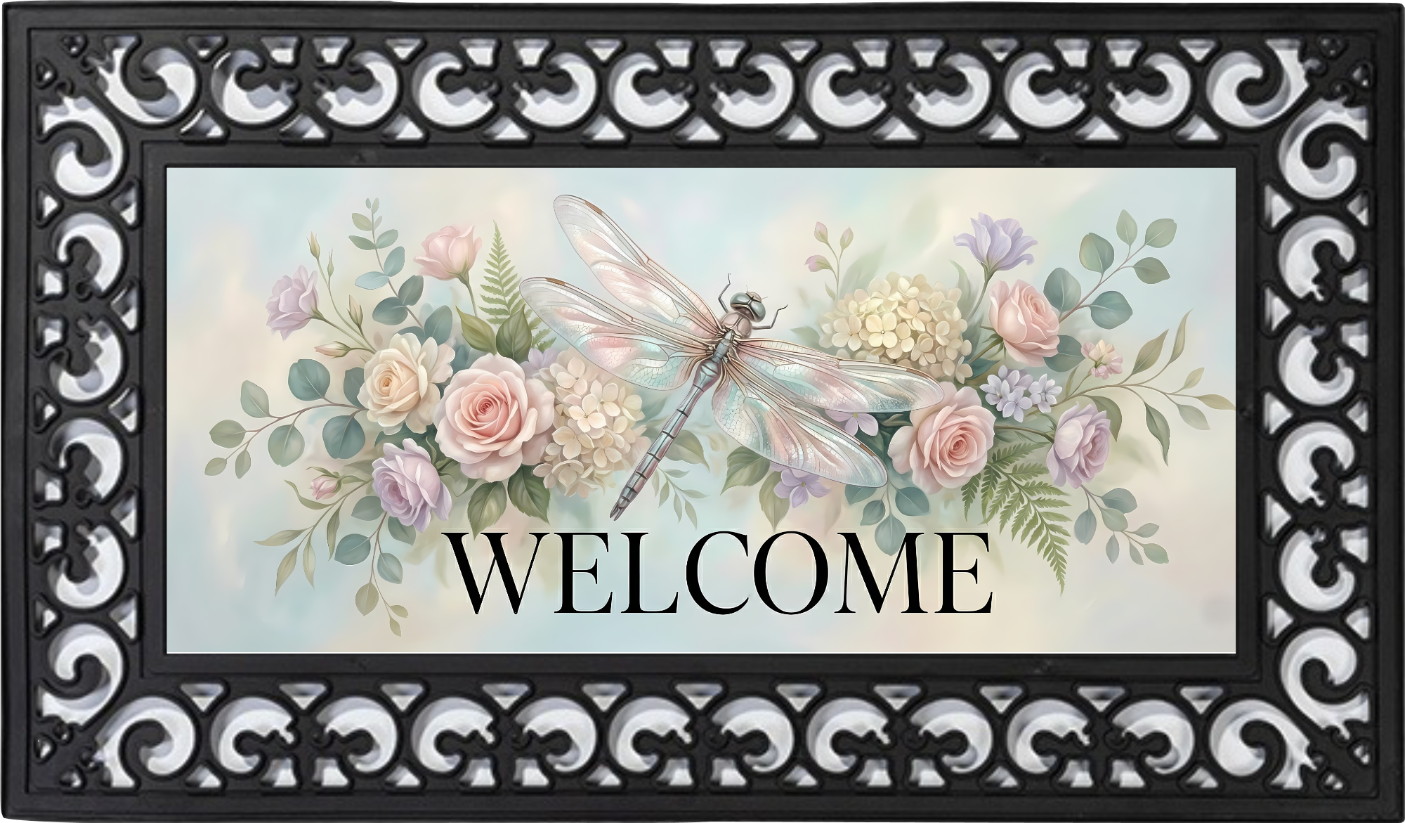 Dragonfly Welcome Outdoor Mat – Soft Pastel Garden Porch Rug