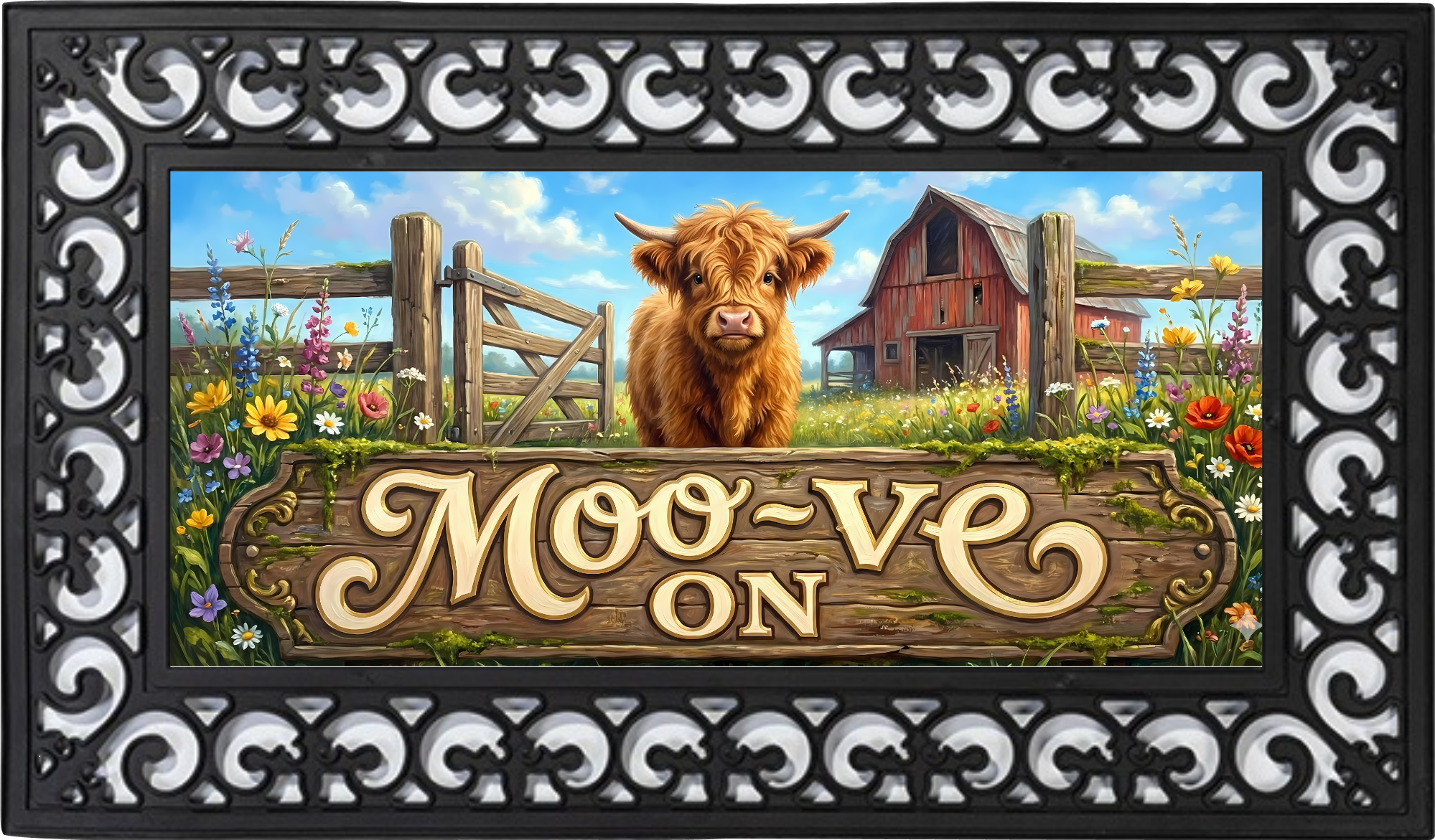 Moo-ve On Highland Cow Outdoor Mat – Farmhouse Front Porch Decor