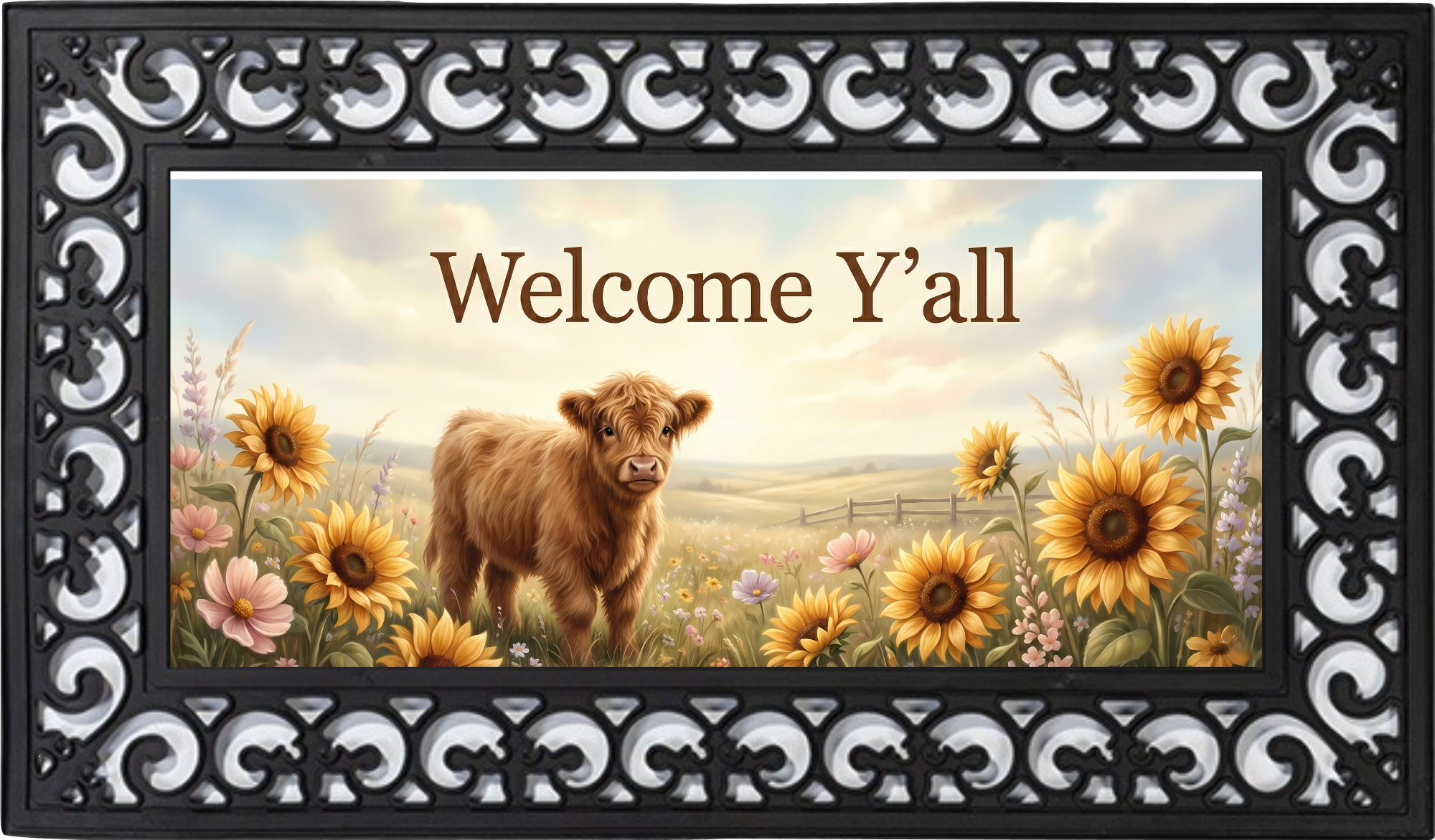 Welcome Y’all Highland Cow Outdoor Mat – Rustic Sunflower Porch Decor