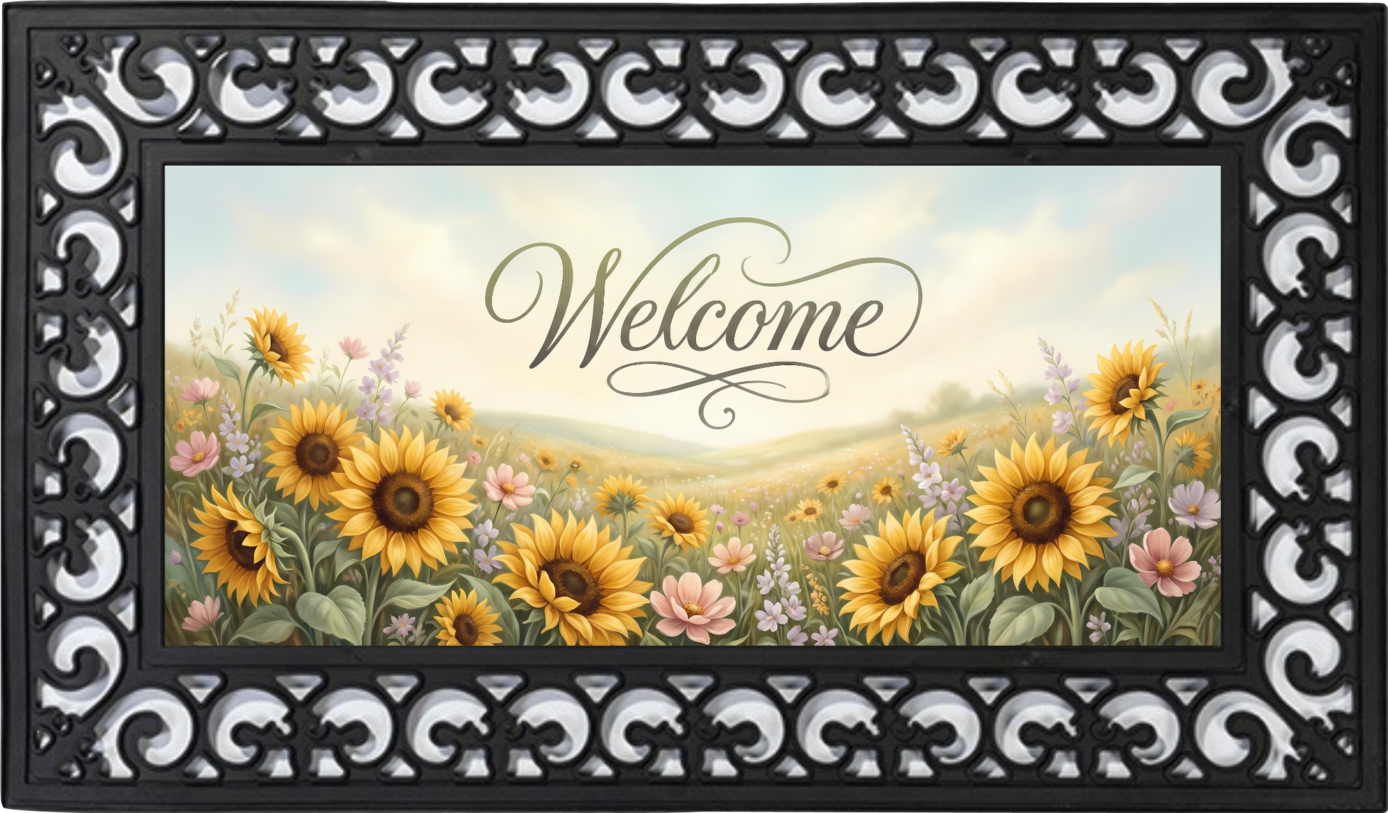 Sunflower Field Welcome Outdoor Mat – Rustic Floral Porch Rug