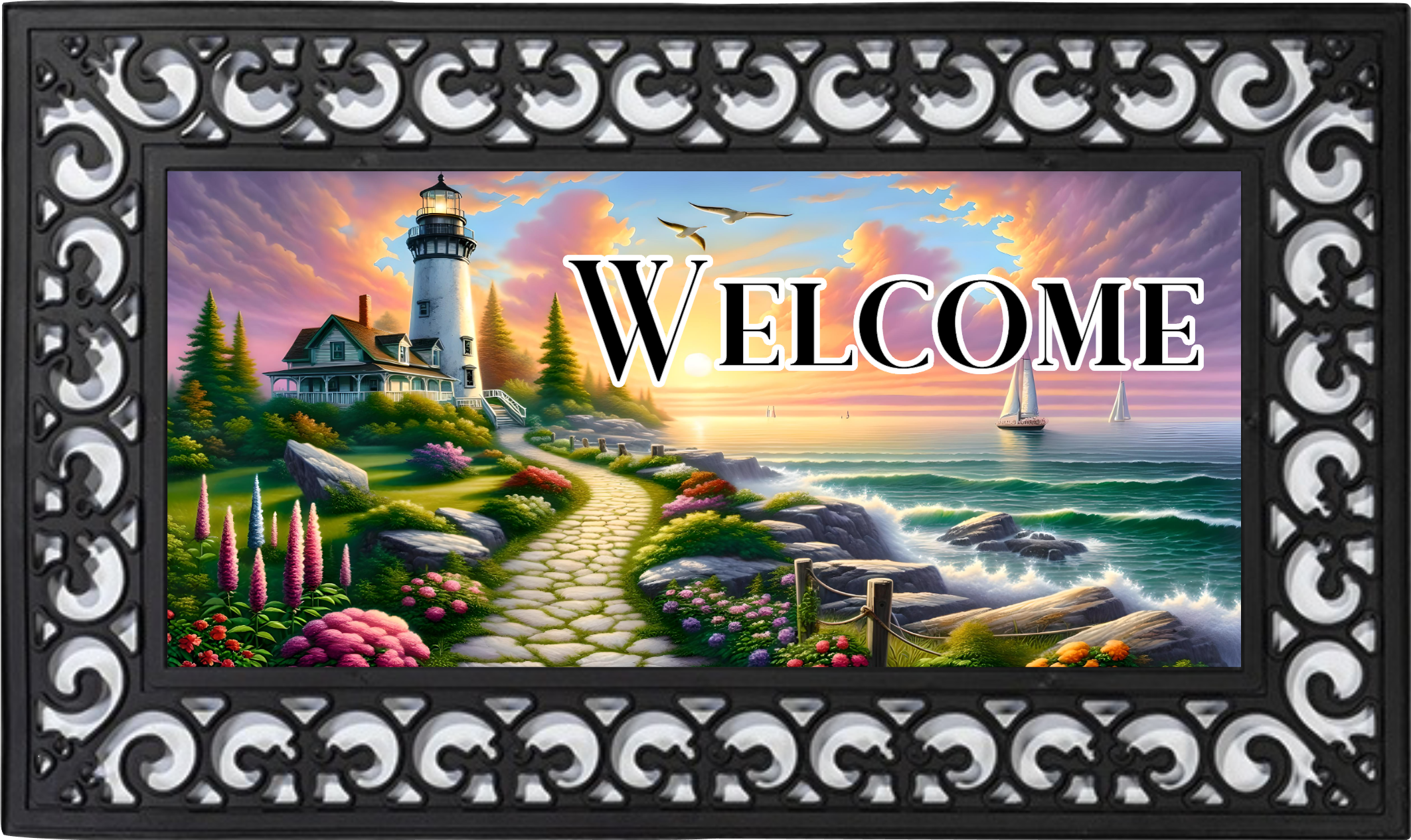 Coastal Lighthouse Welcome Mat Insert – Summer Beach Porch Decor