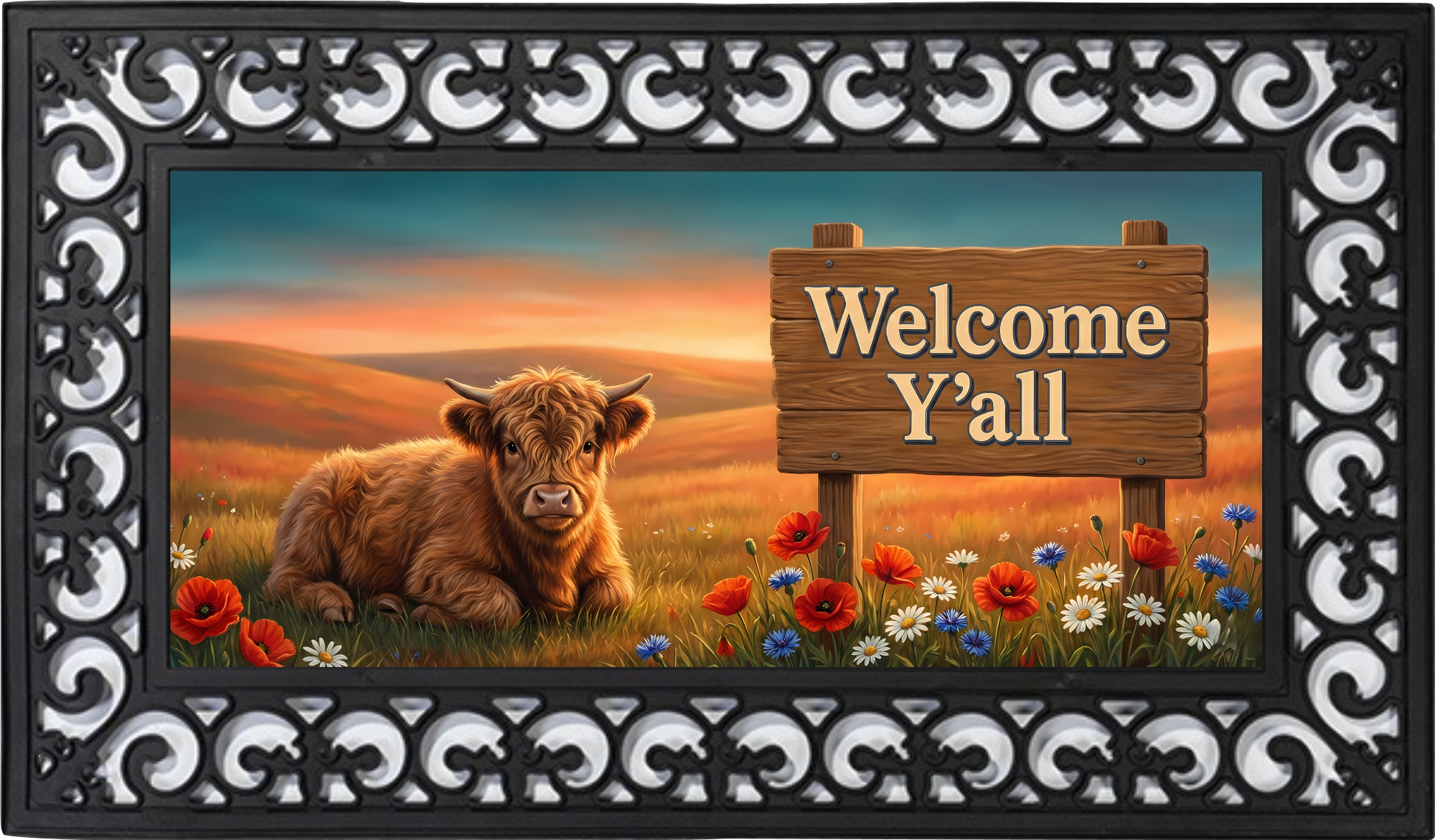 Welcome Y’all Highland Cow Rustic Western Outdoor Doormat Insert