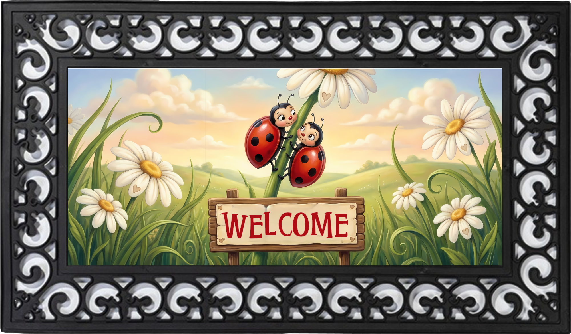 Ladybug Welcome Doormat Insert with Daisies – Spring Garden