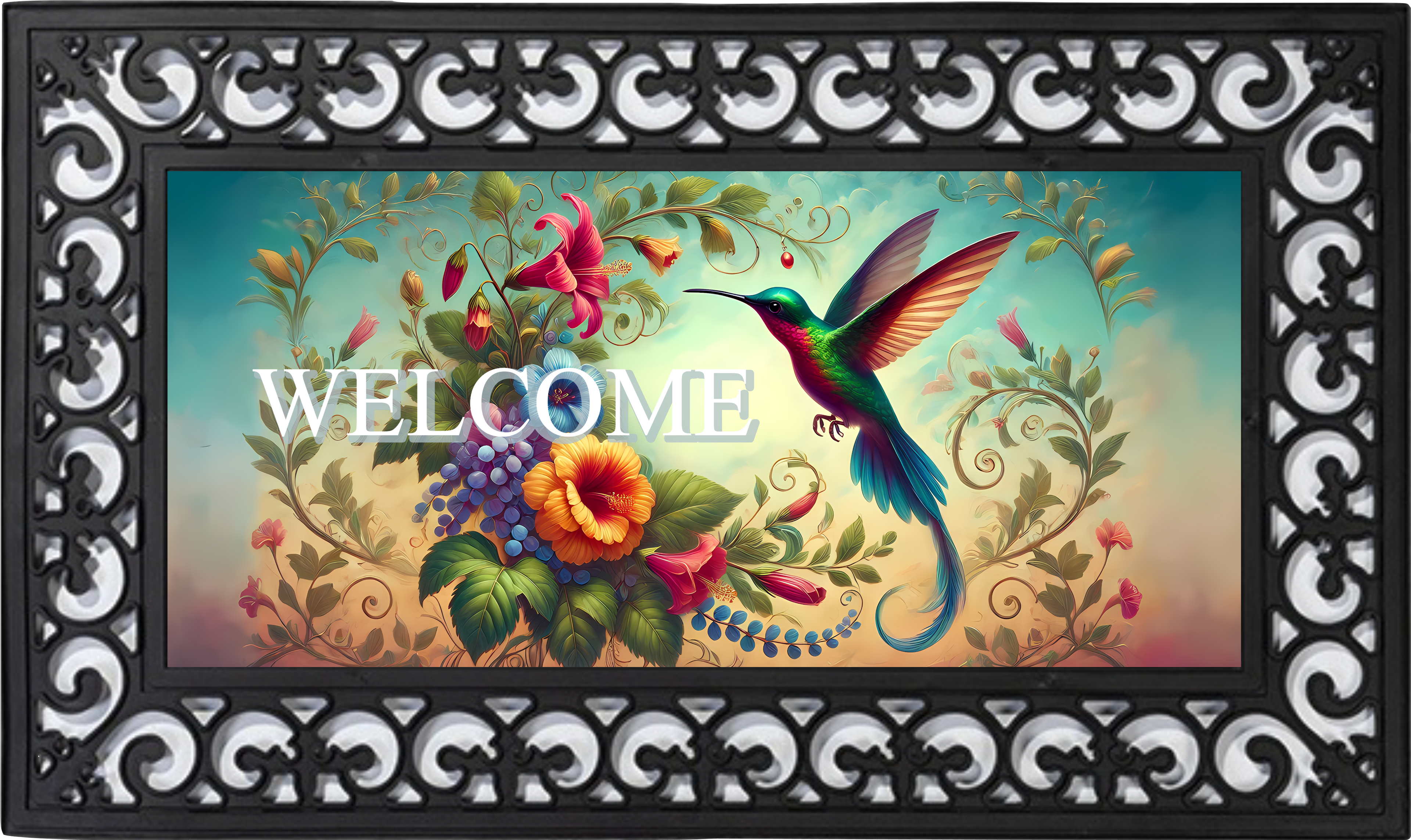 Hummingbird Garden Welcome Mat Insert – Colorful Floral Porch Decor