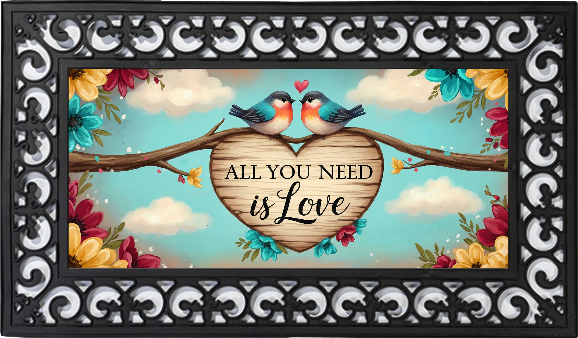 All You Need Is Love Outdoor Mat – Romantic Bird Porch Decor