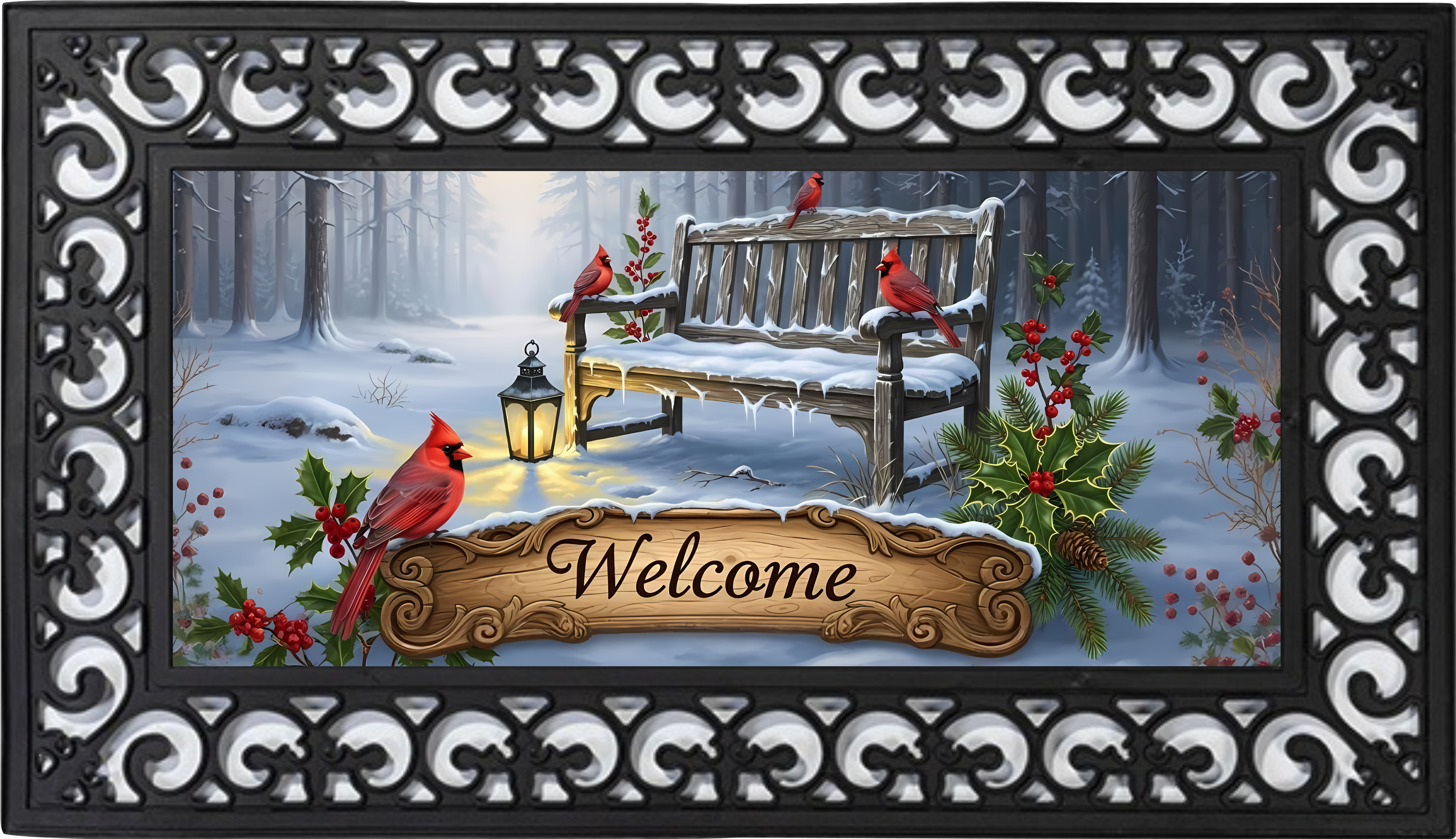 Winter Cardinal Bench Welcome Mat Insert – Snowy Woodland Porch Decor