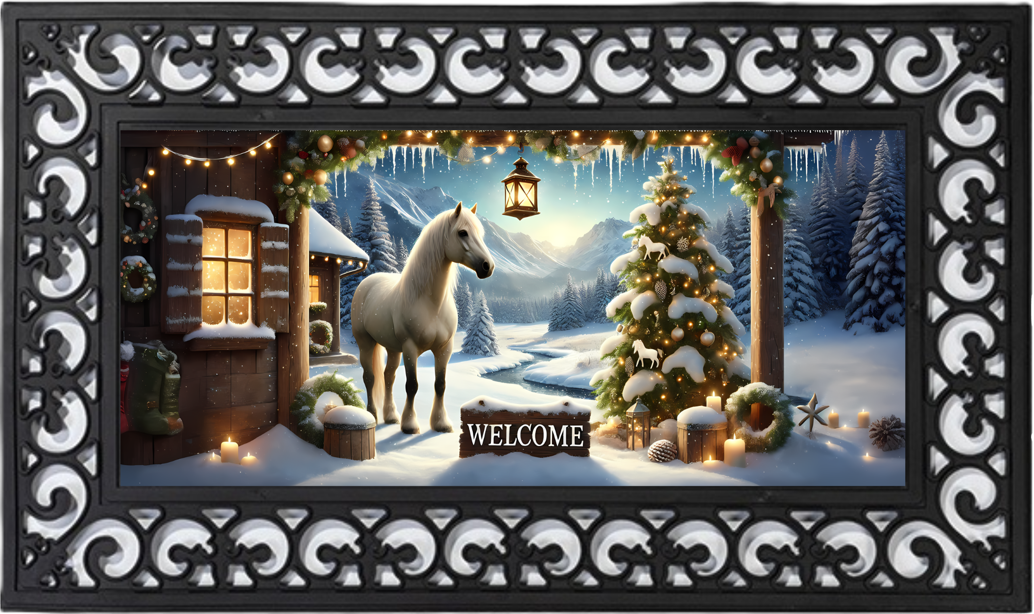 Winter Horse Cabin Welcome Mat Insert – Cozy Farmhouse Porch Decor