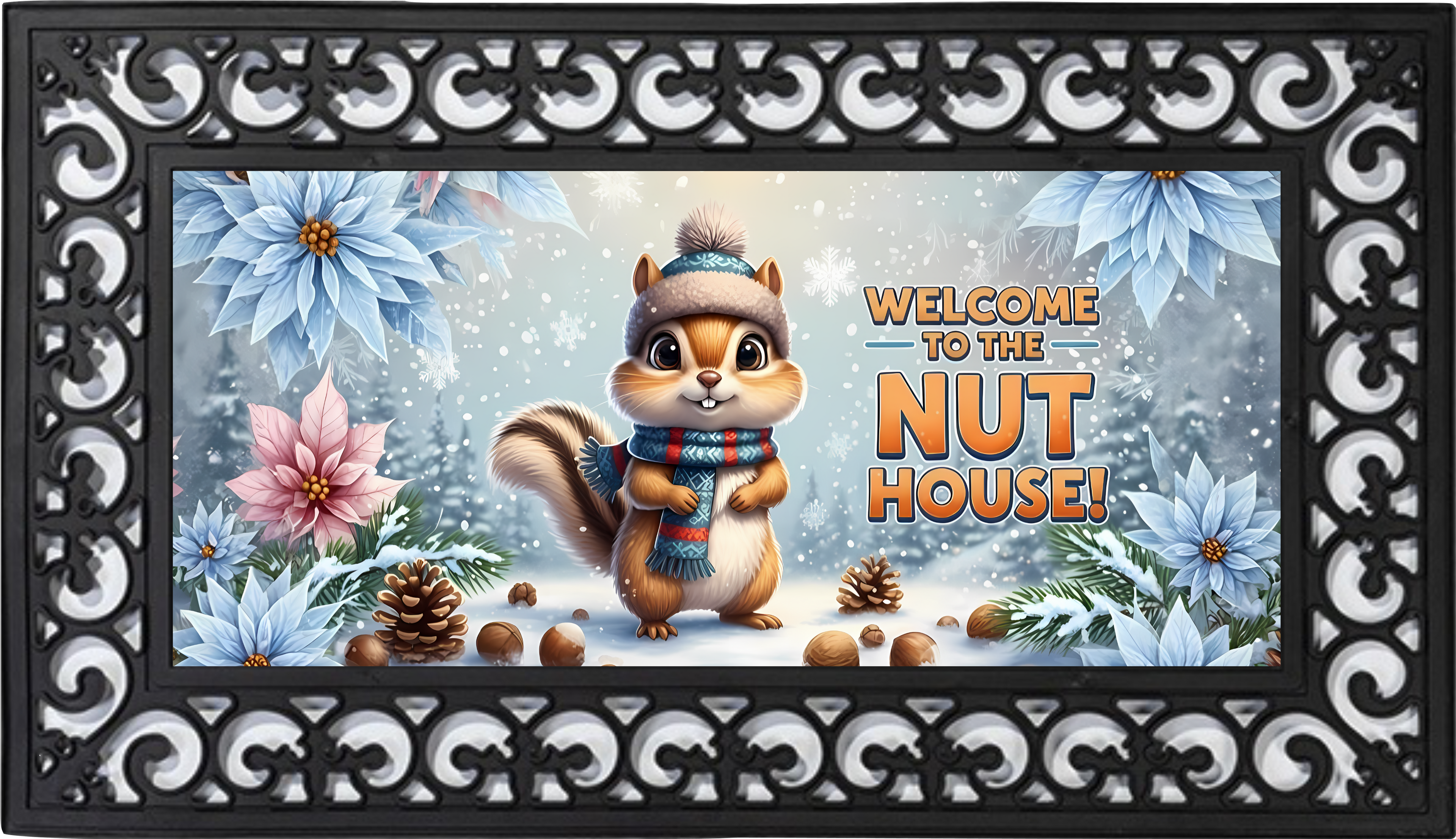 Winter Nut House Squirrel Welcome Mat Insert – Whimsical Holiday Porch Decor