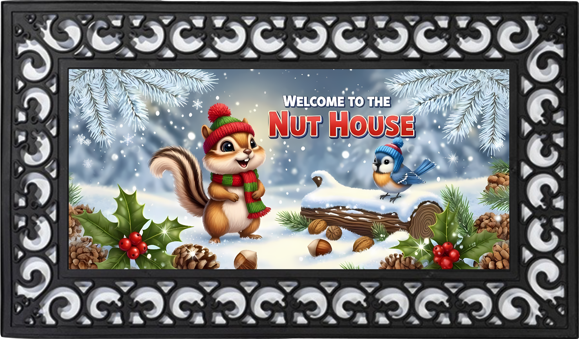 Welcome to the Nut House Mat Insert – Winter Squirrel Porch Decor