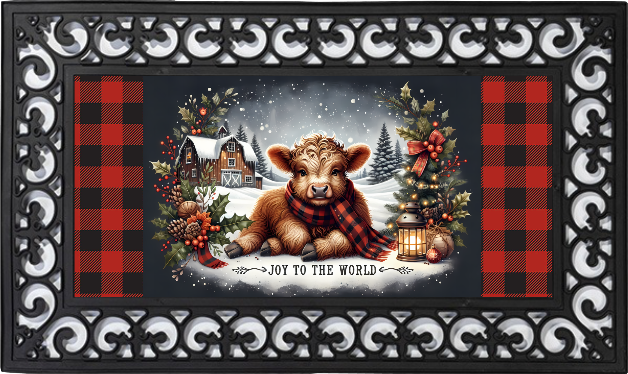 Joy to the World Highland Cow Mat Insert – Rustic Christmas Porch Decor