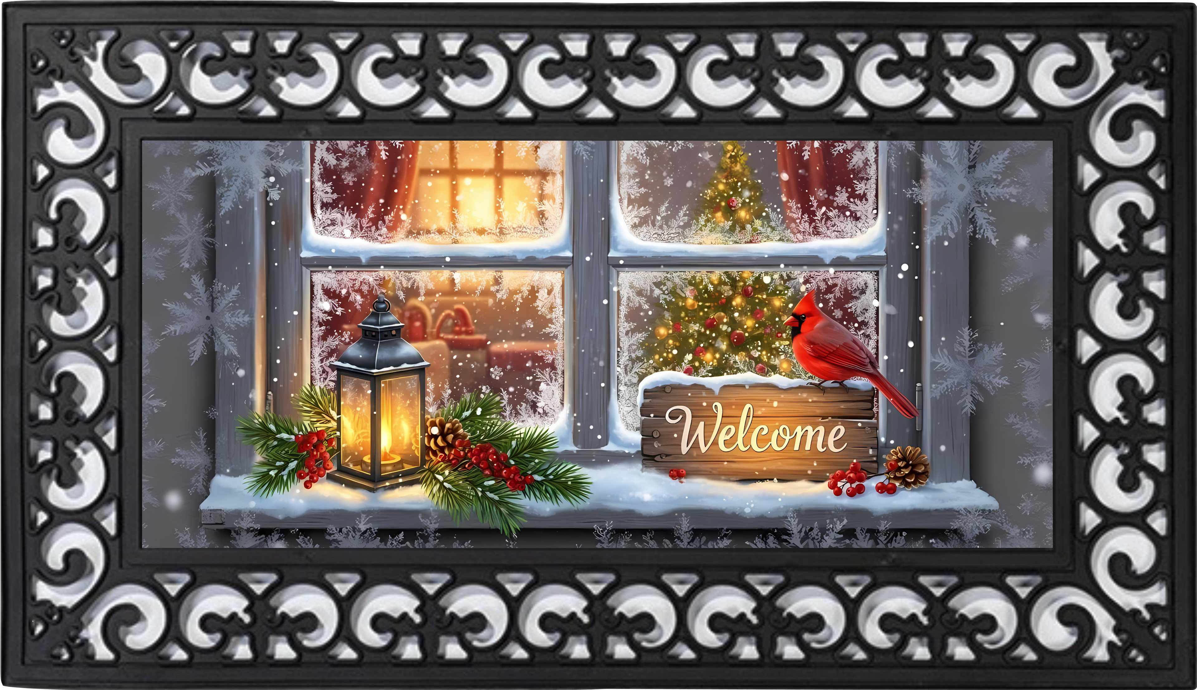 Winter Window Cardinal Welcome Mat Insert – Rustic Christmas Porch Decor