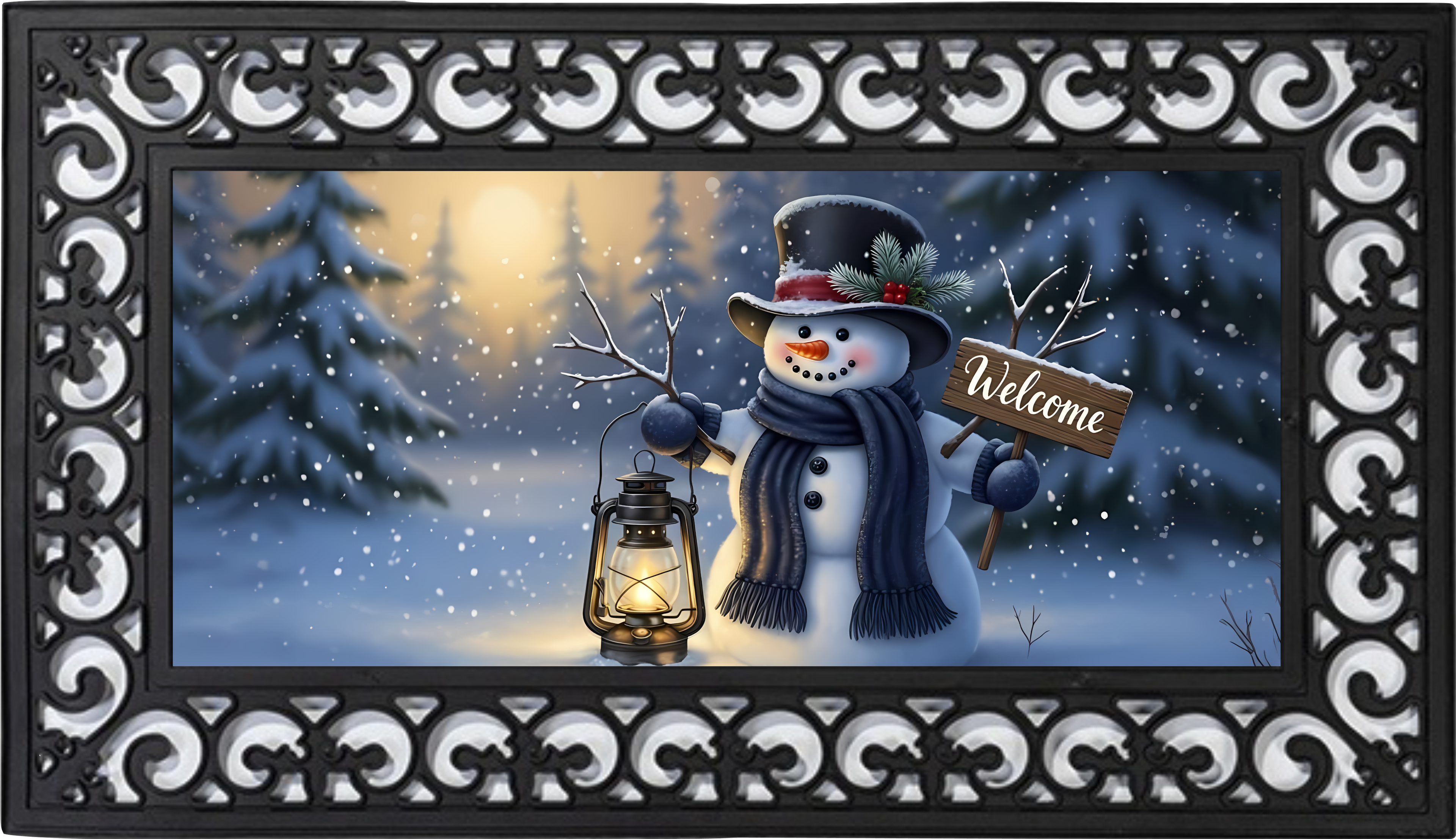 Welcome Snowman with Lantern Mat Insert – Rustic Winter Porch Decor