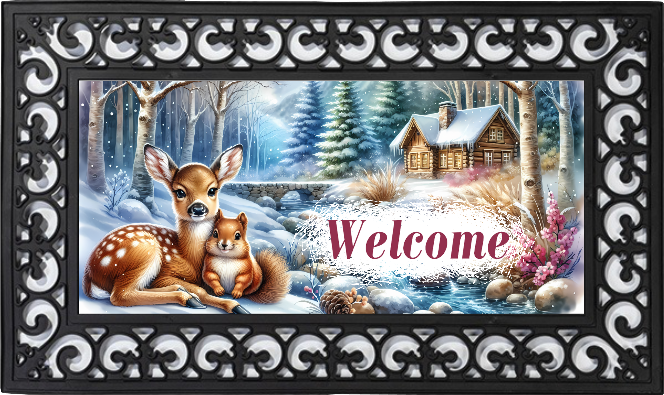 Winter Woodland Deer Welcome Mat Insert – Snowy Cabin Porch Decor