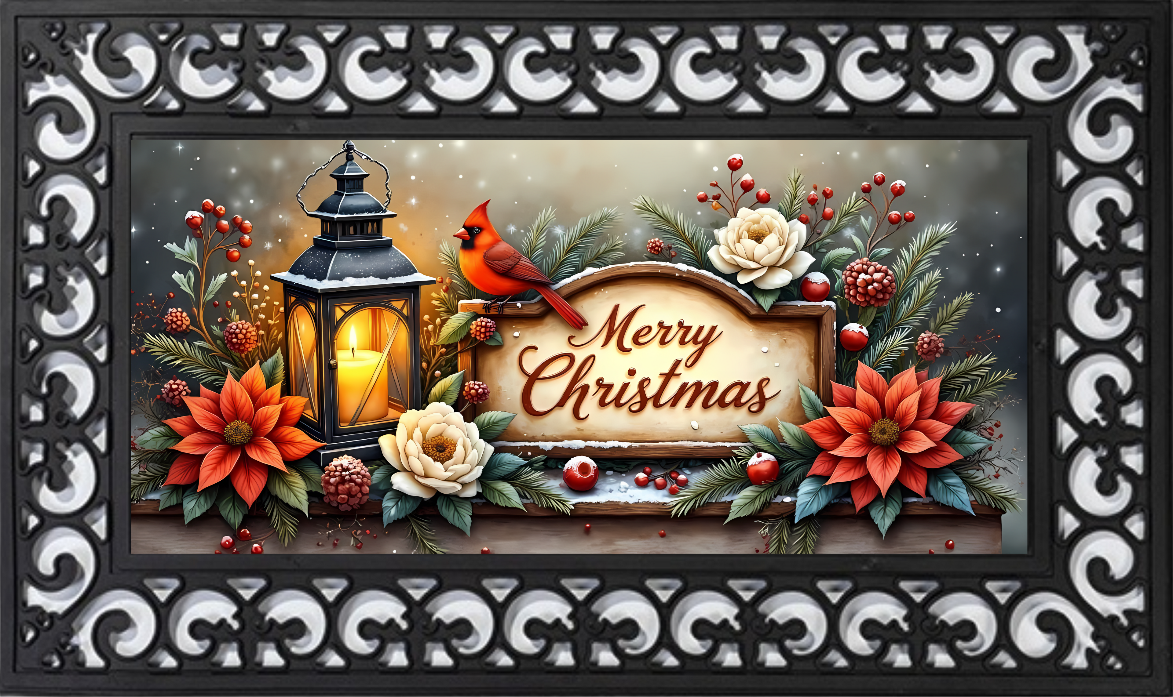 Merry Christmas Lantern and Florals Mat Insert – Elegant Holiday Decor