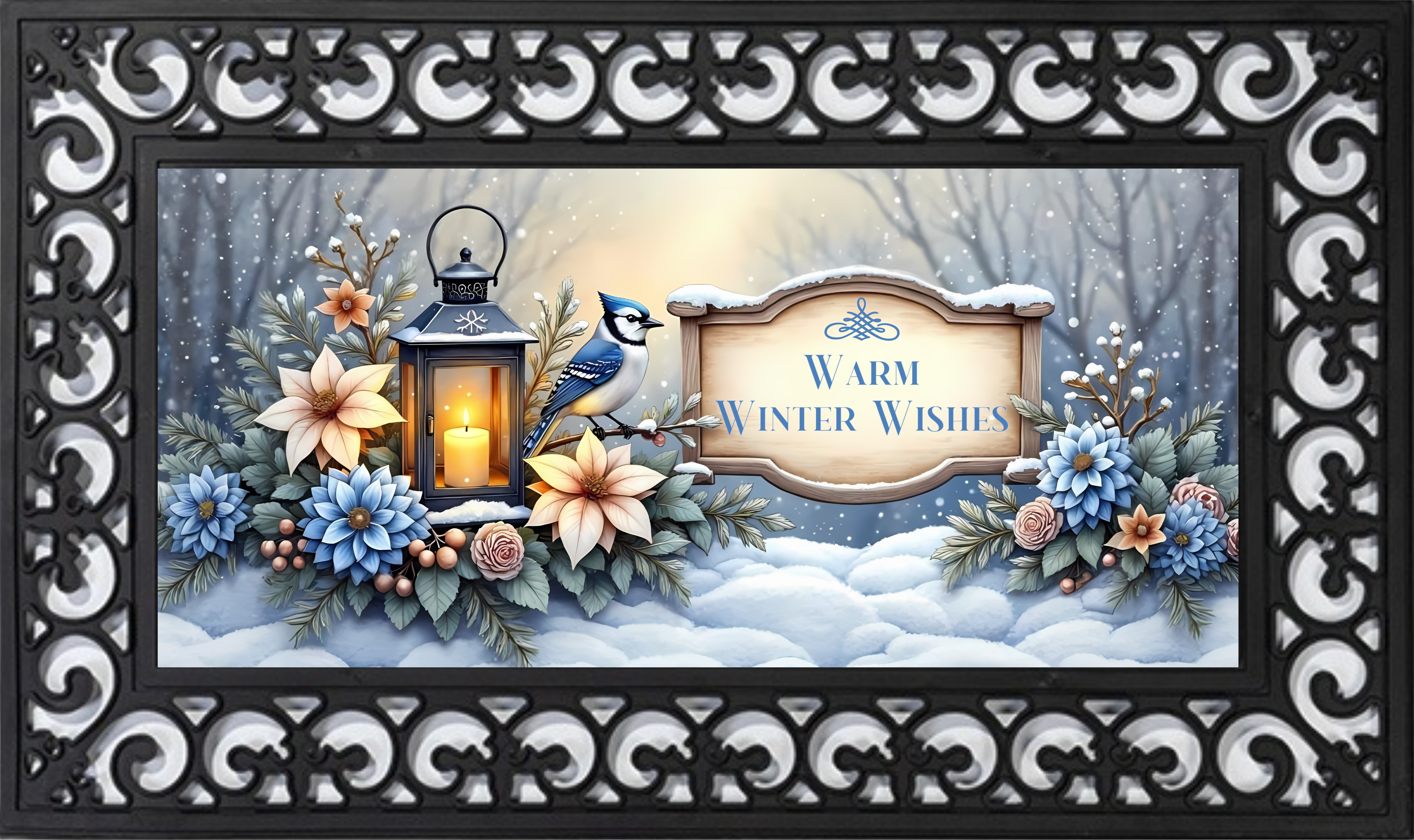 Warm Winter Wishes Blue Jay Mat Insert – Winter Floral Porch Decor