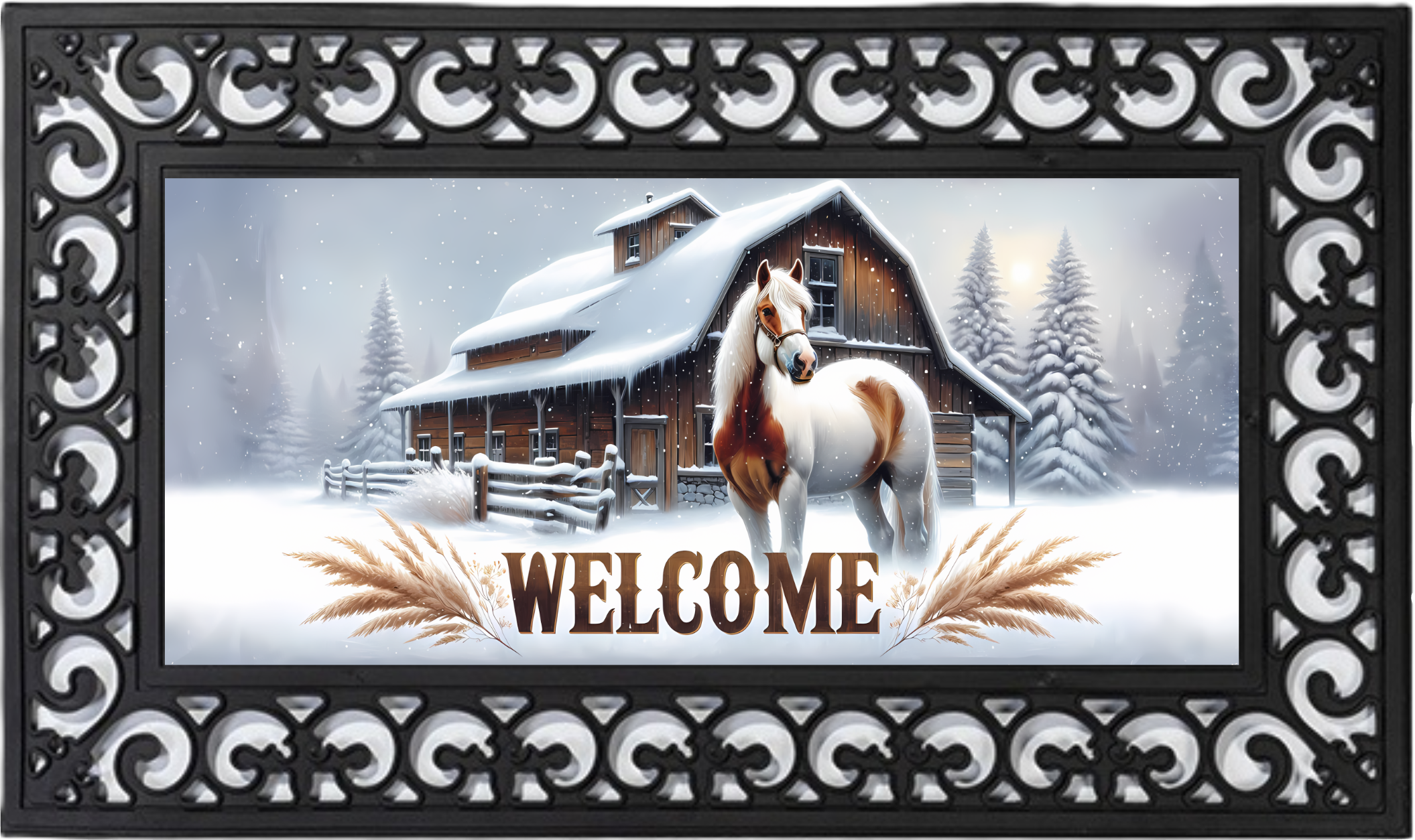 Snowy Barn Horse Welcome Mat Insert – Rustic Winter Farm Porch Decor