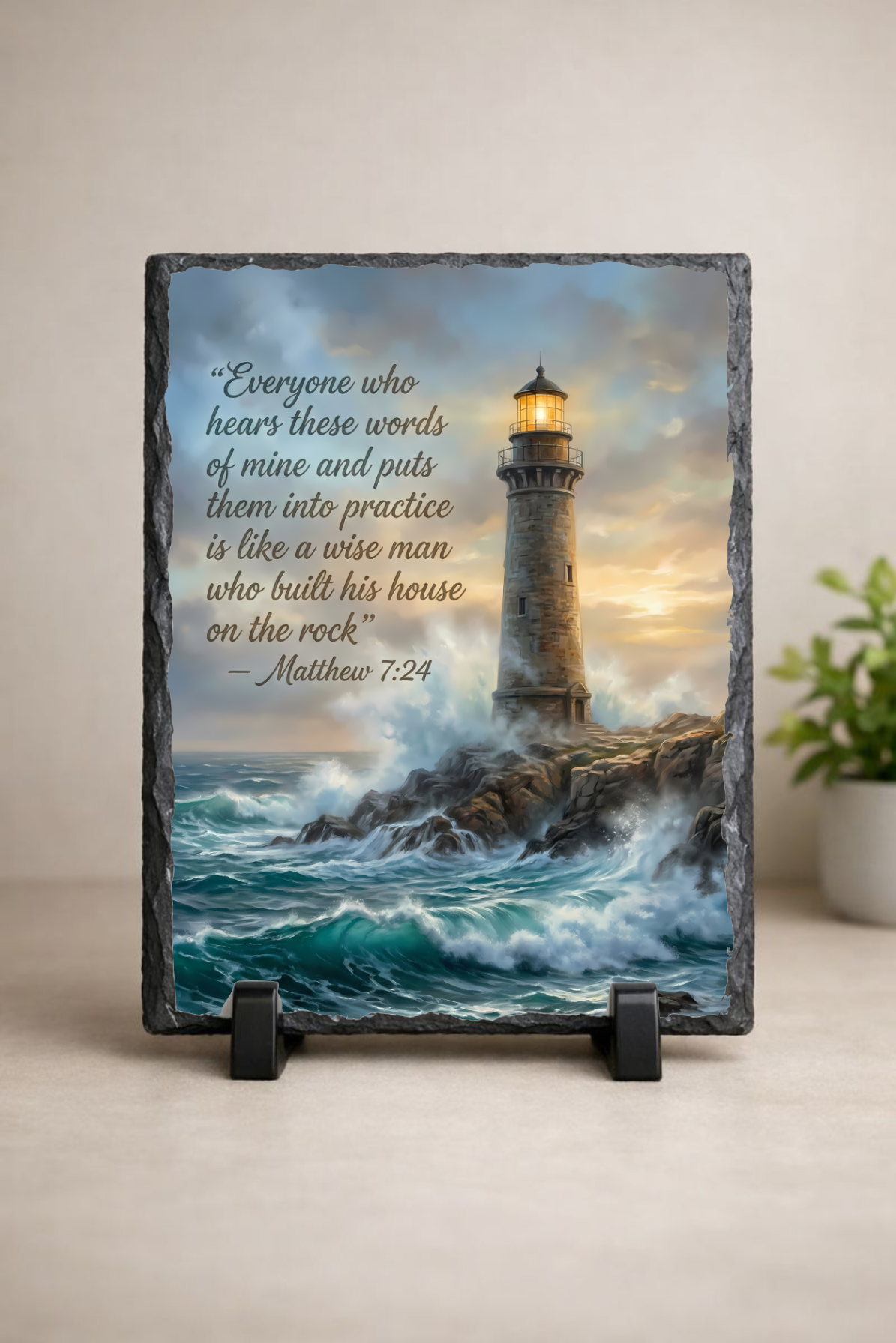 Built on the Rock Scripture Slate – Matthew 7:24 Christian Lighthouse Decor