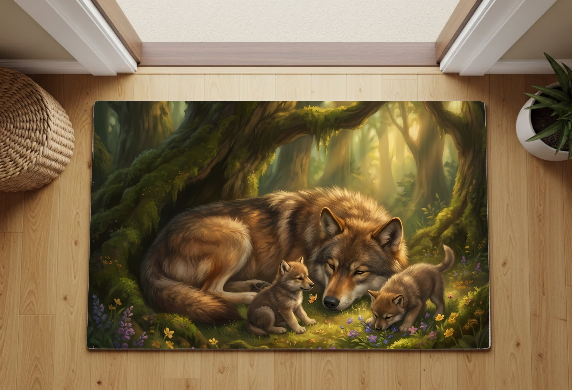Mother Wolf & Pups Forest Scene Rug