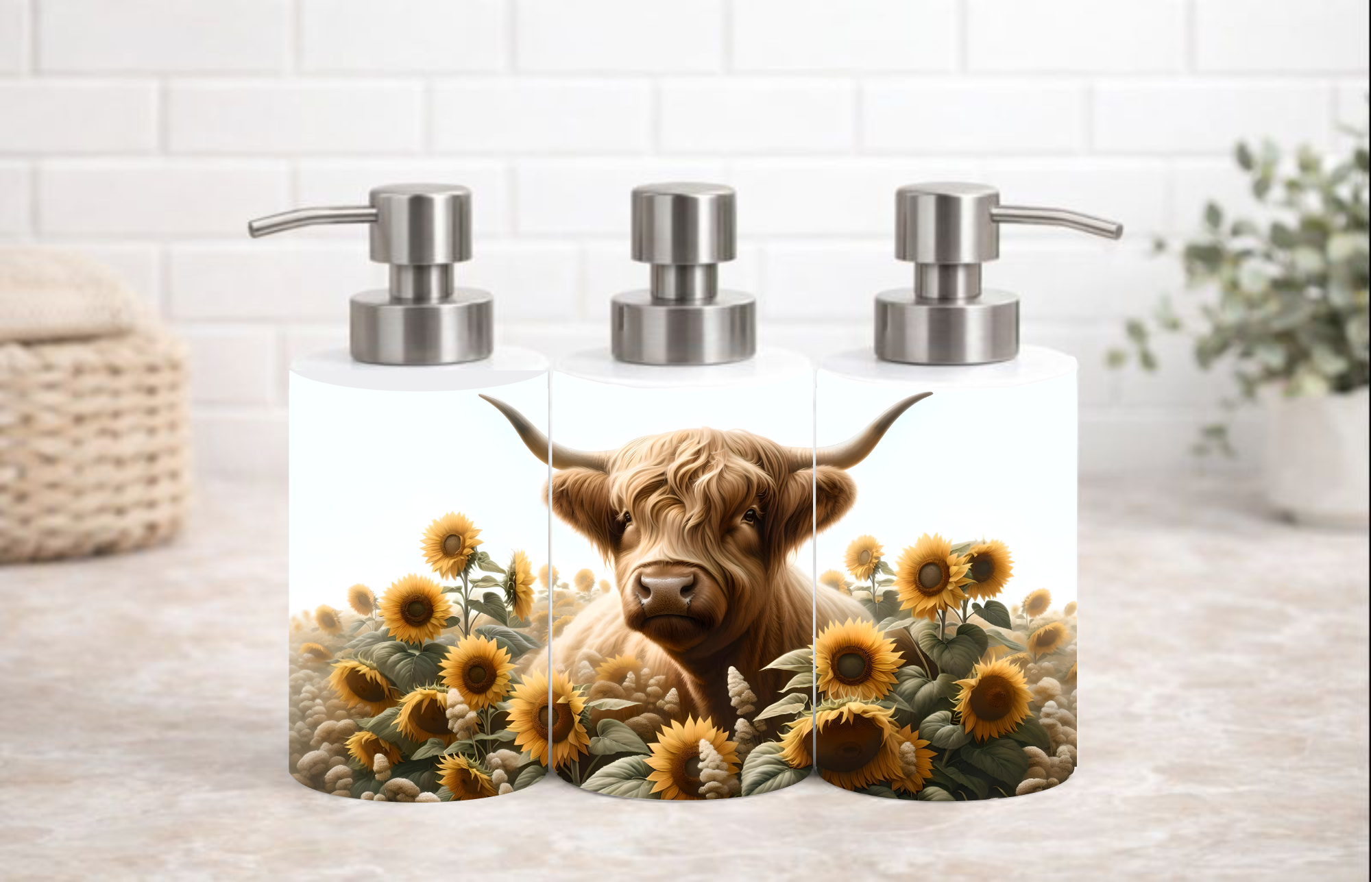 Sunflower Highland Cow Soap & Lotion Dispenser – 18 oz