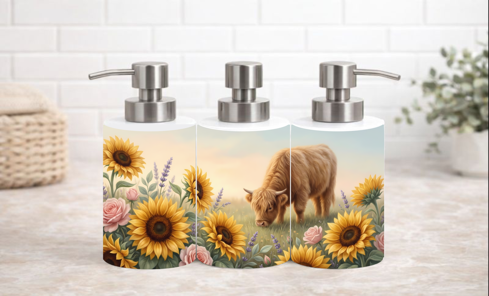 Highland Cow Sunflower 18 oz Soap & Lotion Dispenser – Rustic Farmhouse Kitchen & Bath Décor